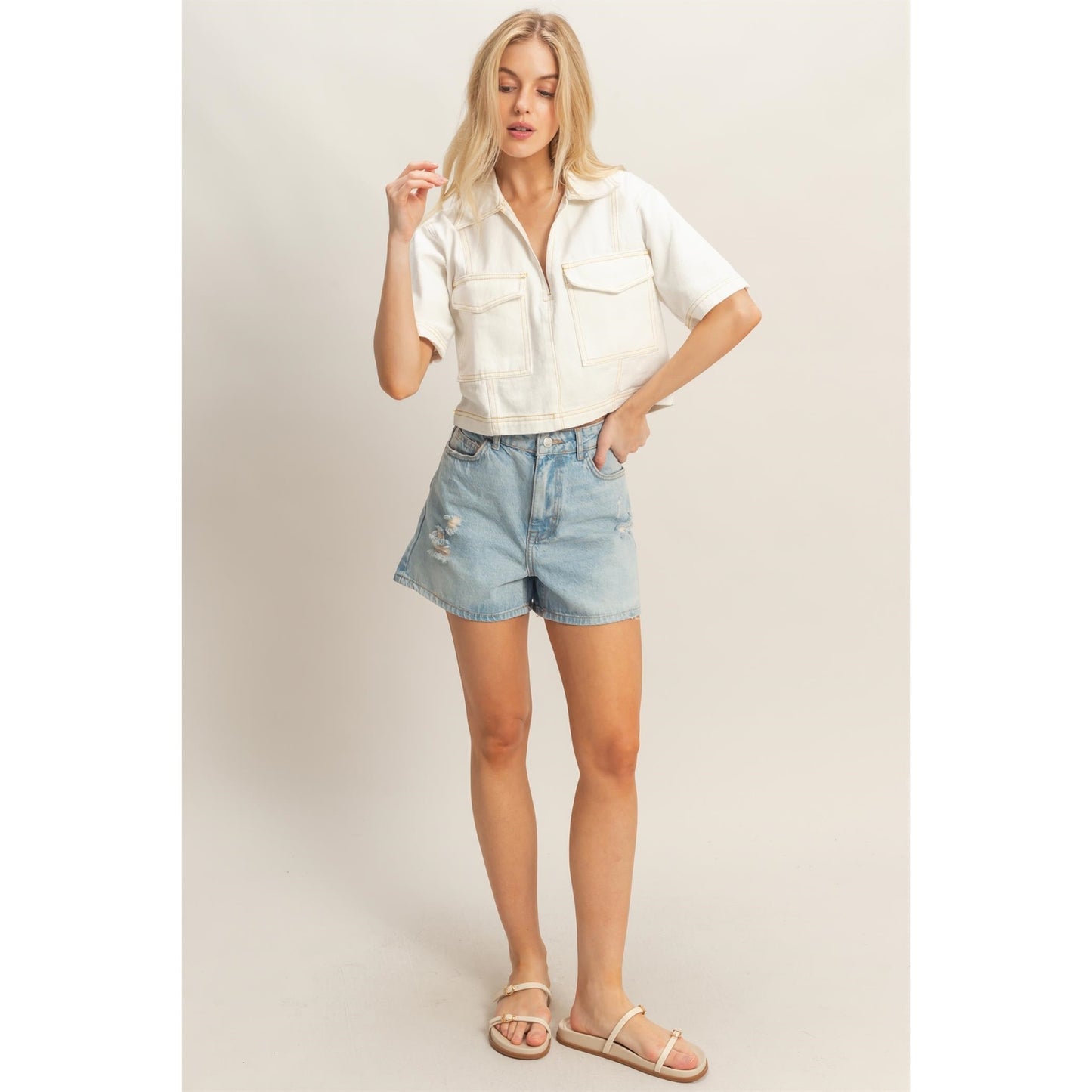 Short Sleeve Denim Stitch Top