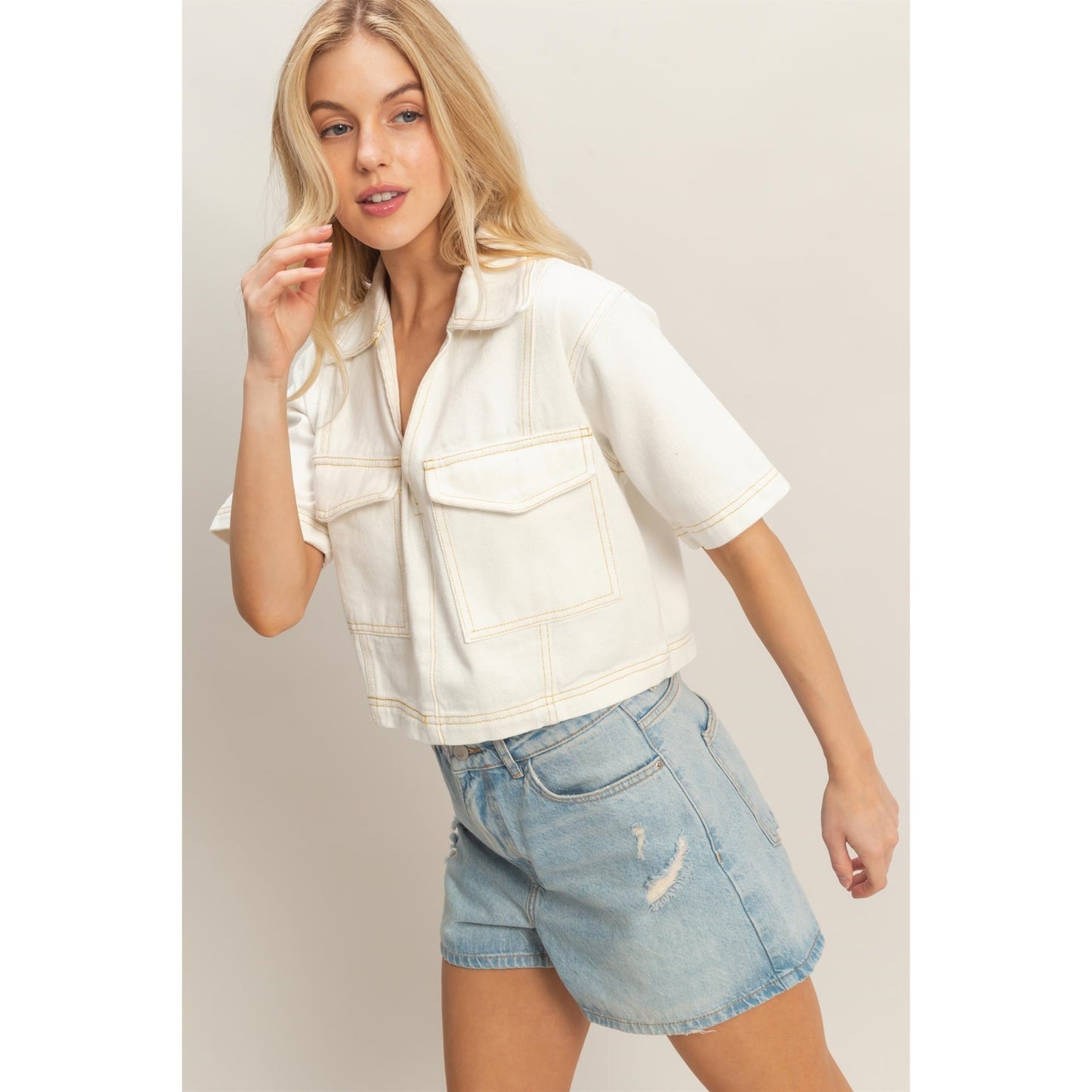 Short Sleeve Denim Stitch Top