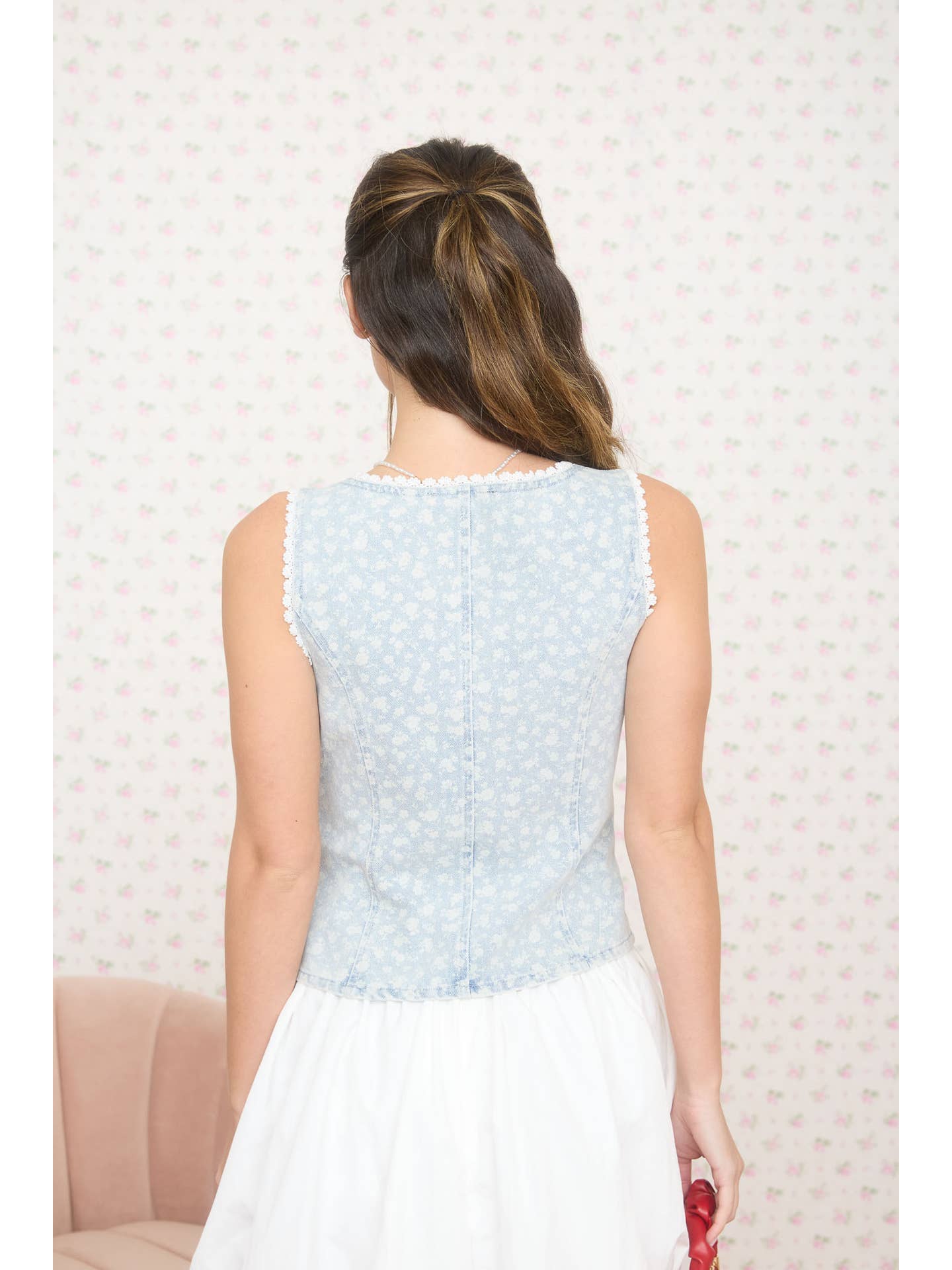 Denim Floral Trim Vest