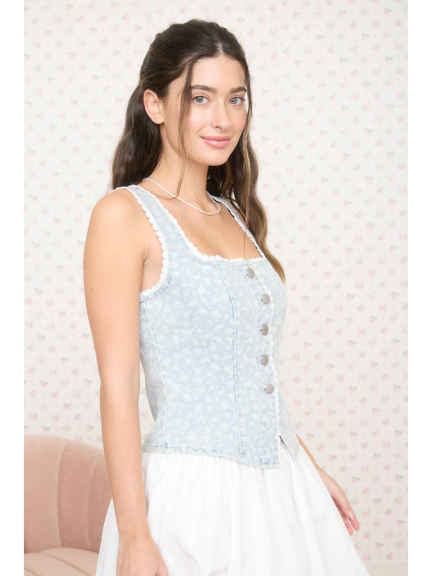 Denim Floral Trim Vest