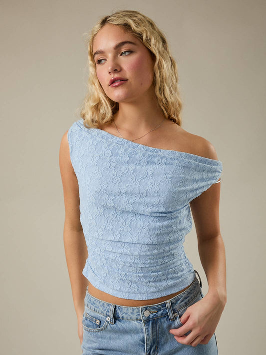 Light Blue Lace Off Shoulder Top