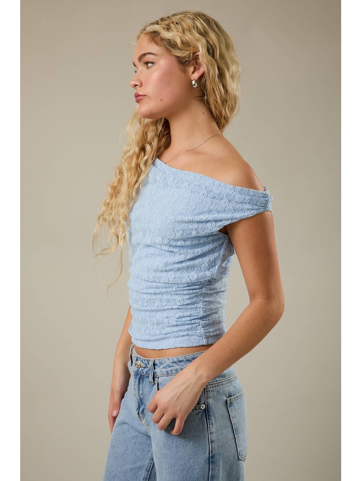 Light Blue Lace Off Shoulder Top