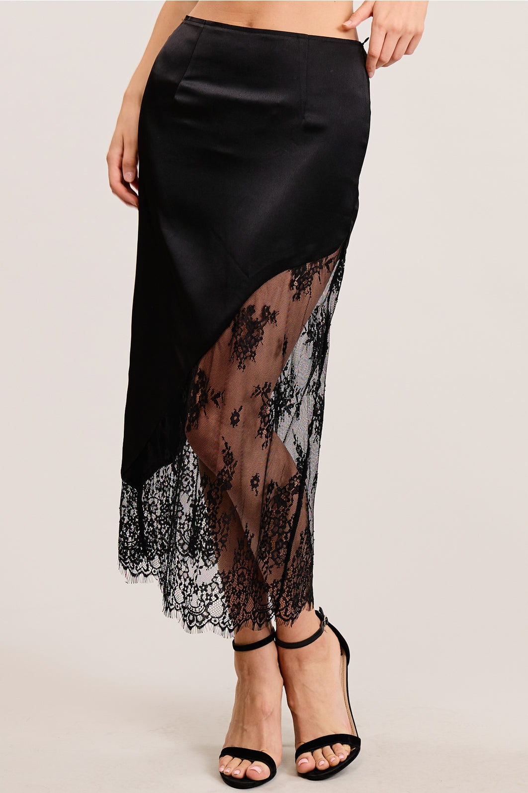 Asymmetrical Satin Lace Midi Skirt