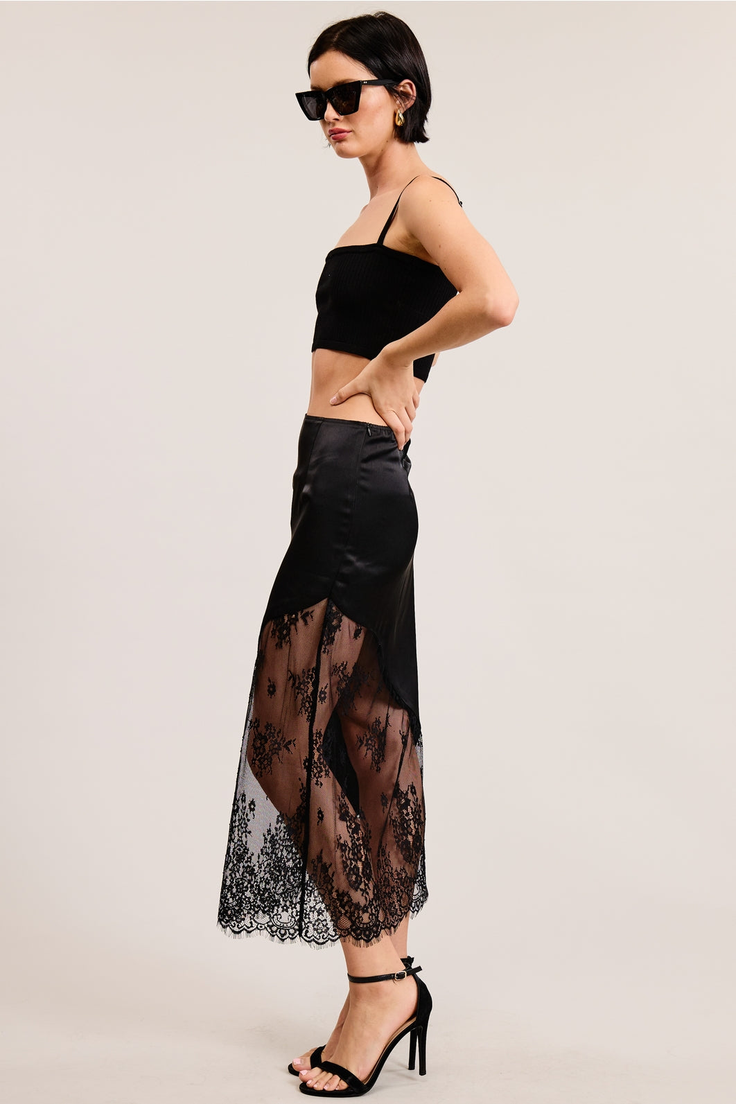 Asymmetrical Satin Lace Midi Skirt