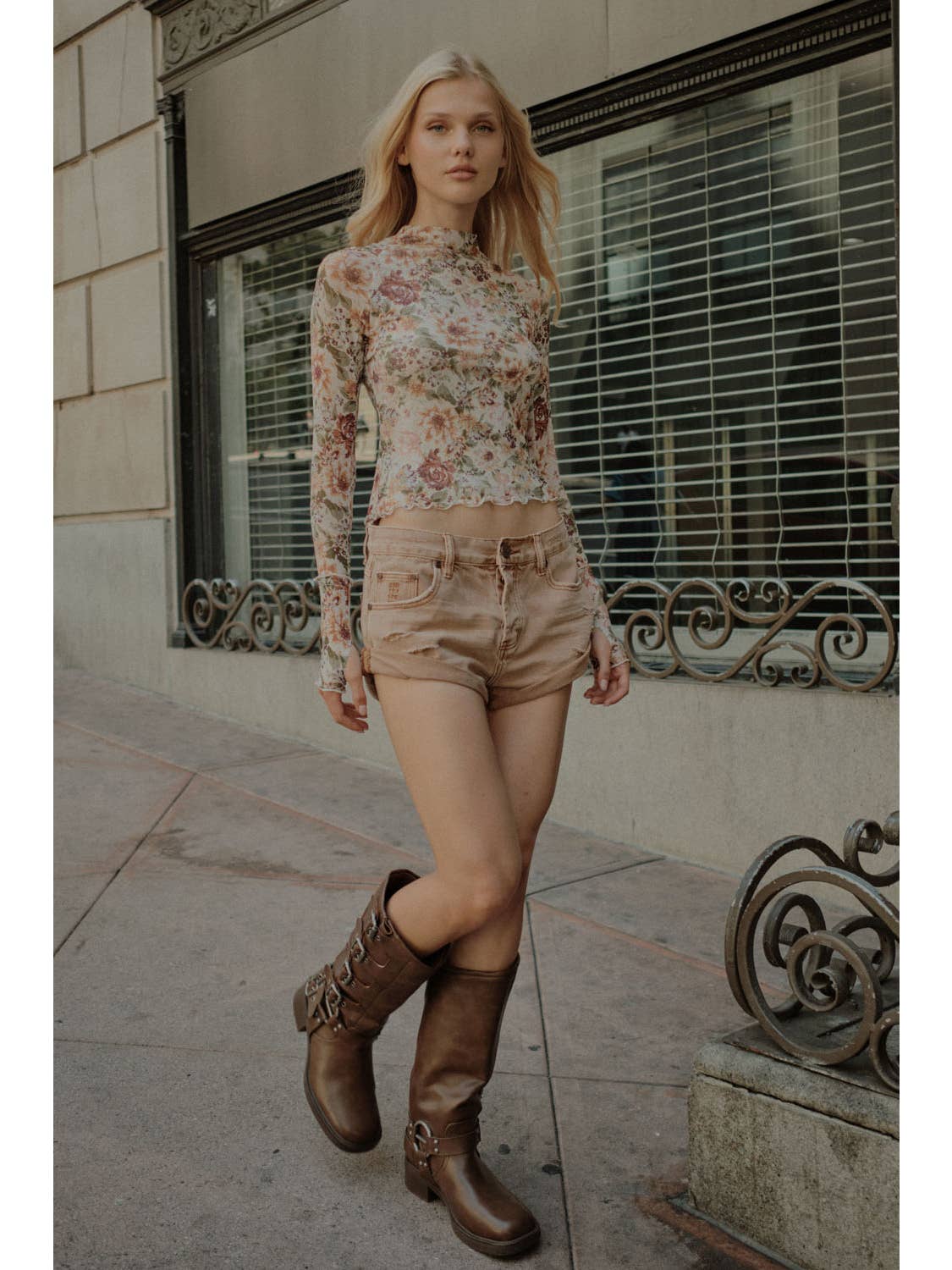 Mock Neck Floral Mesh Top