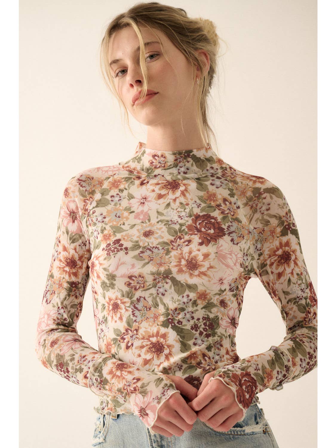 Mock Neck Floral Mesh Top