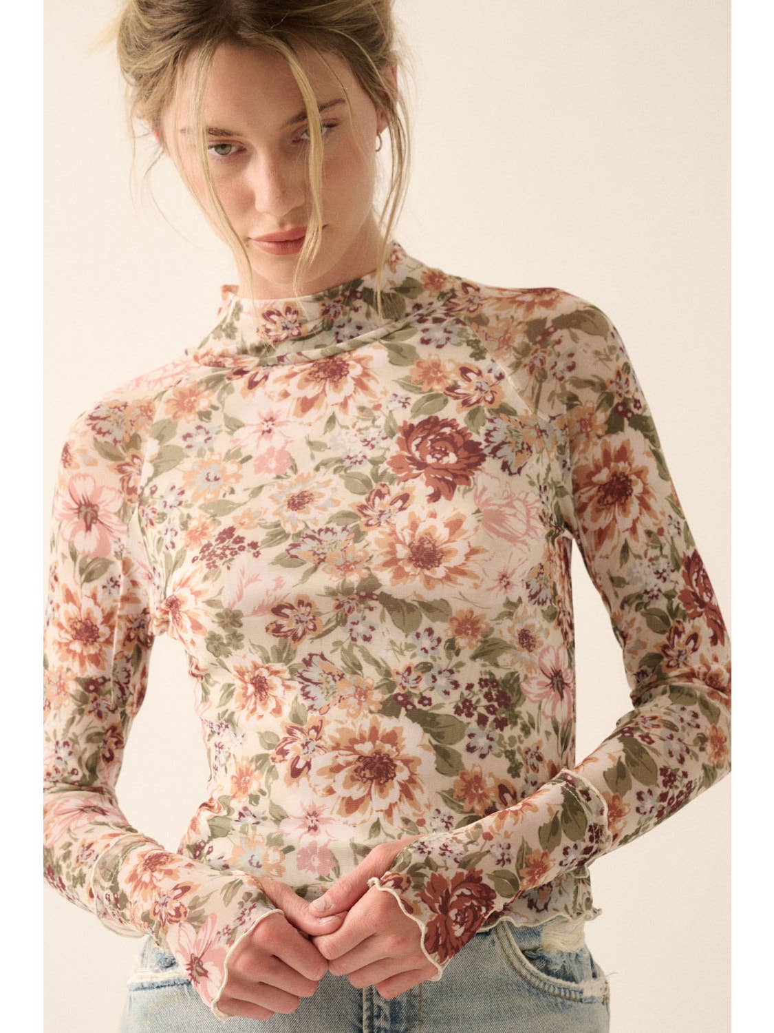 Mock Neck Floral Mesh Top