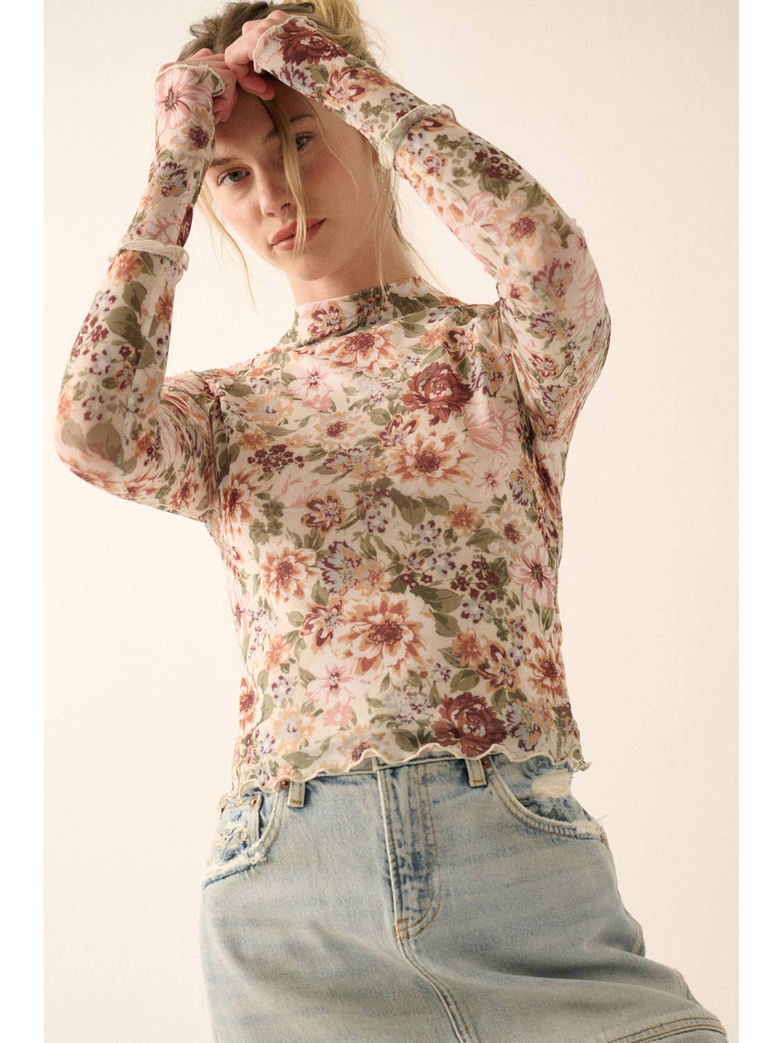 Mock Neck Floral Mesh Top
