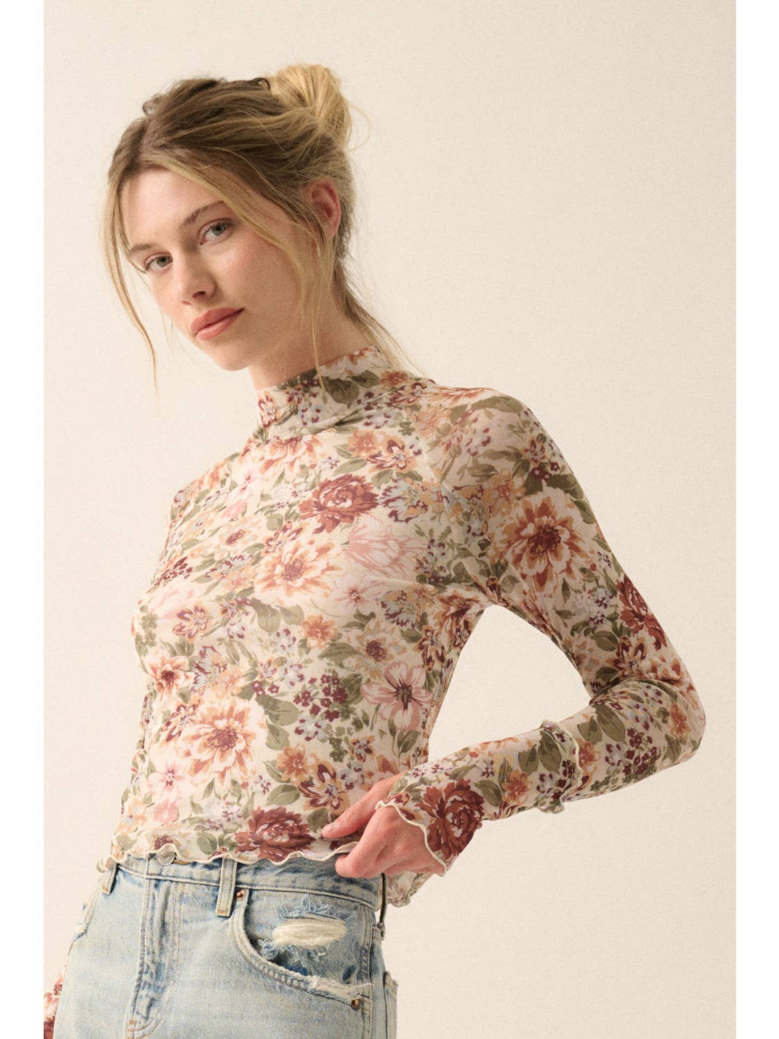 Mock Neck Floral Mesh Top