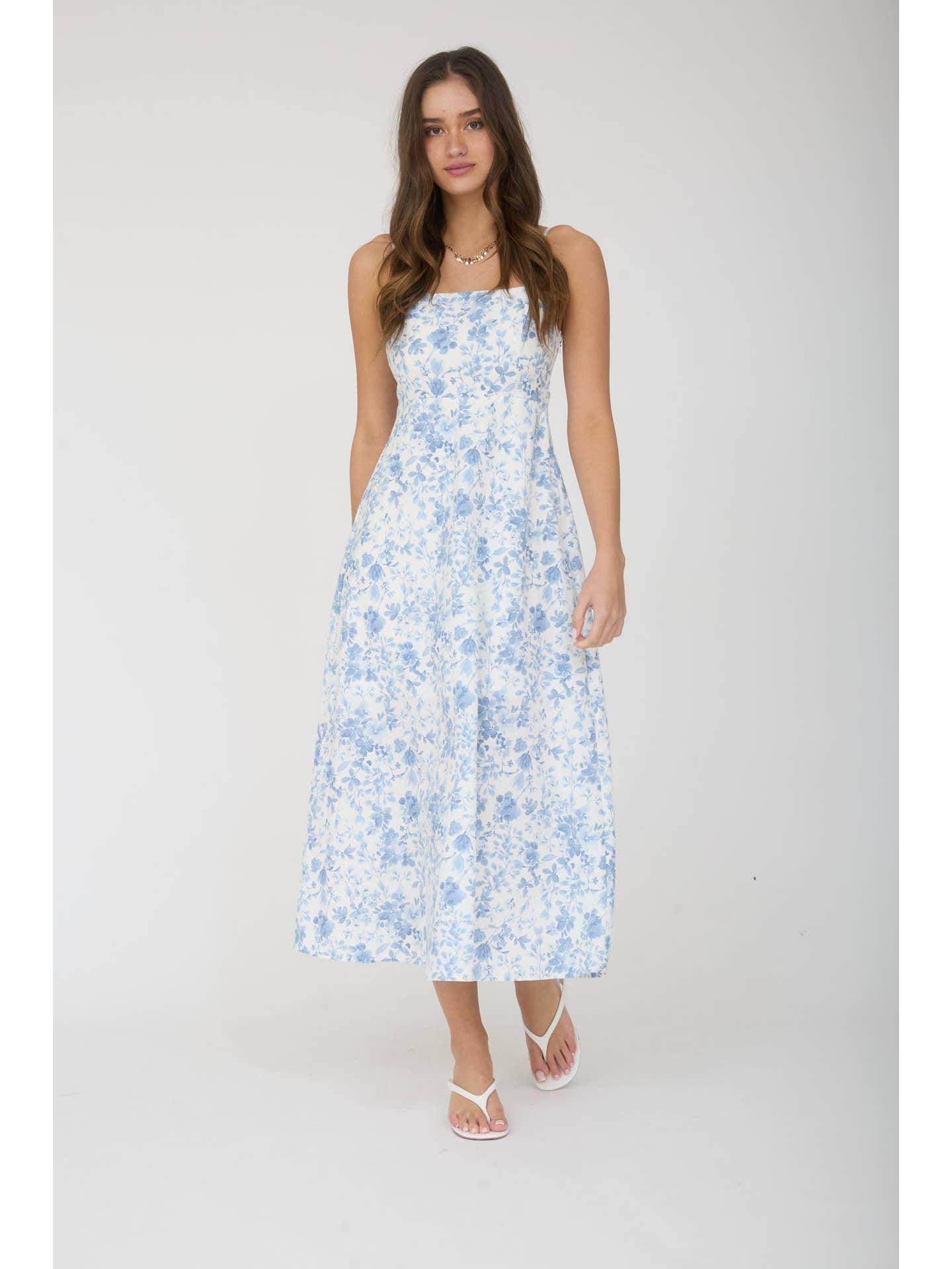 White & Blue Floral Midi Dress