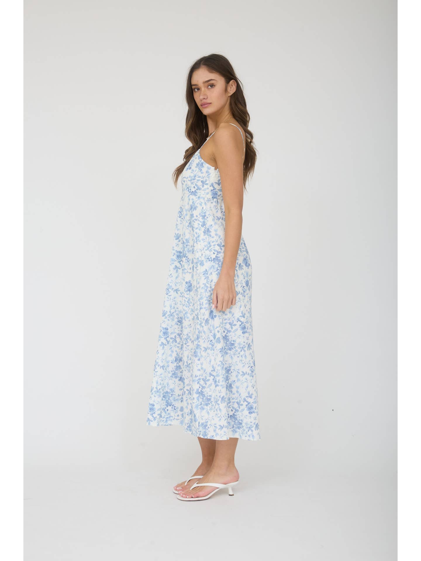 White & Blue Floral Midi Dress