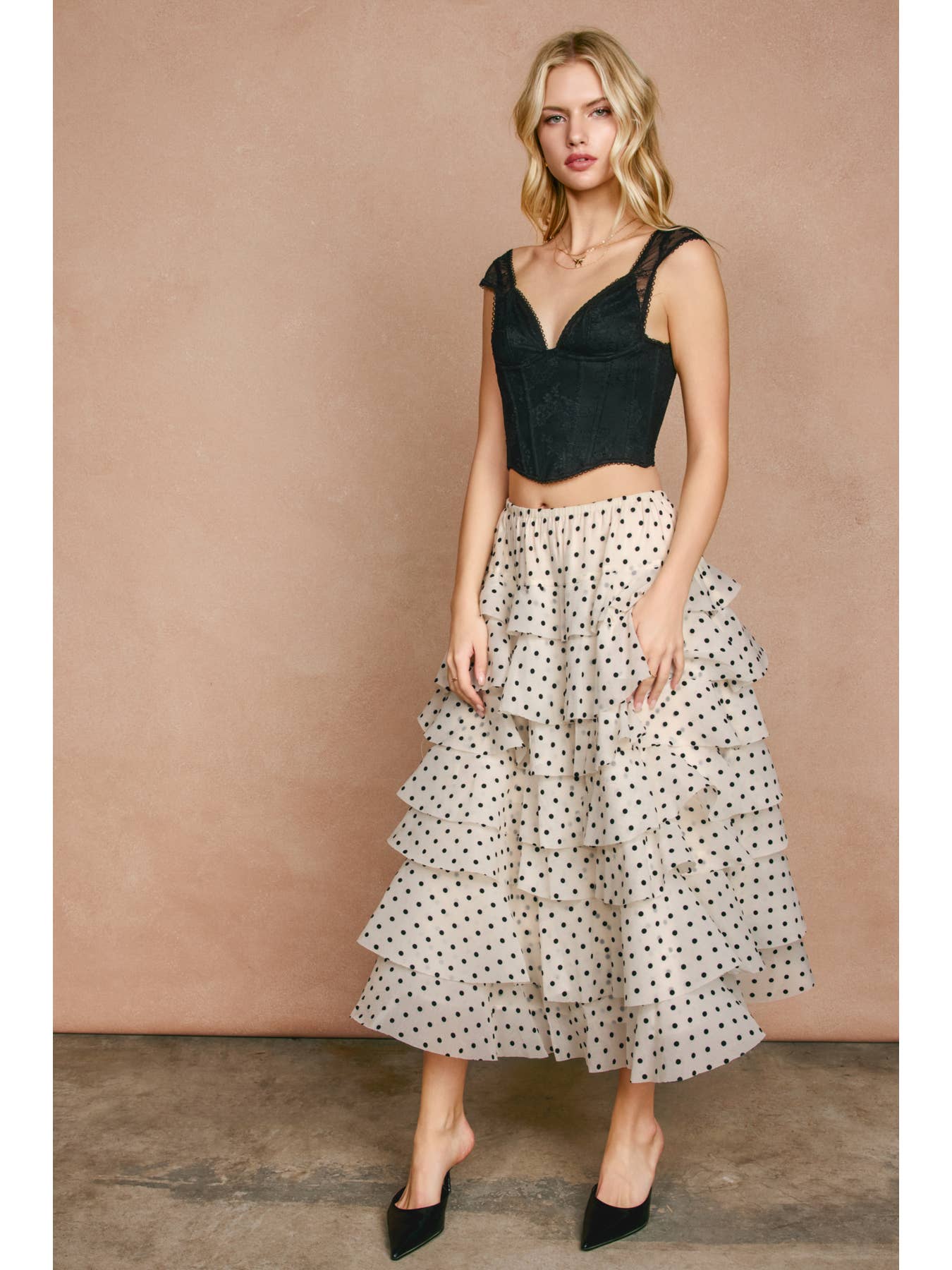 Sugar Dot Ruffle Tiered Midi Skirt