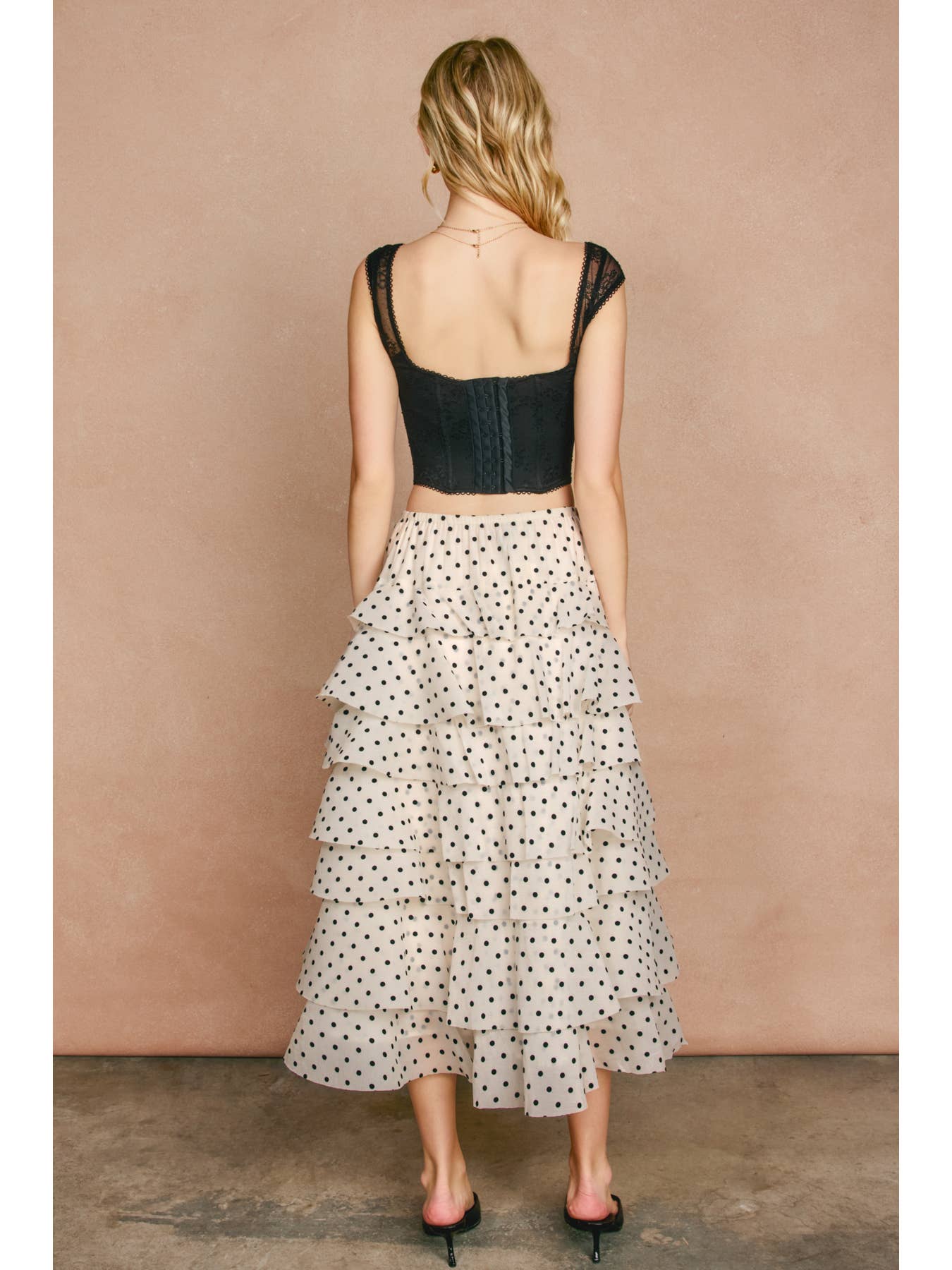 Sugar Dot Ruffle Tiered Midi Skirt