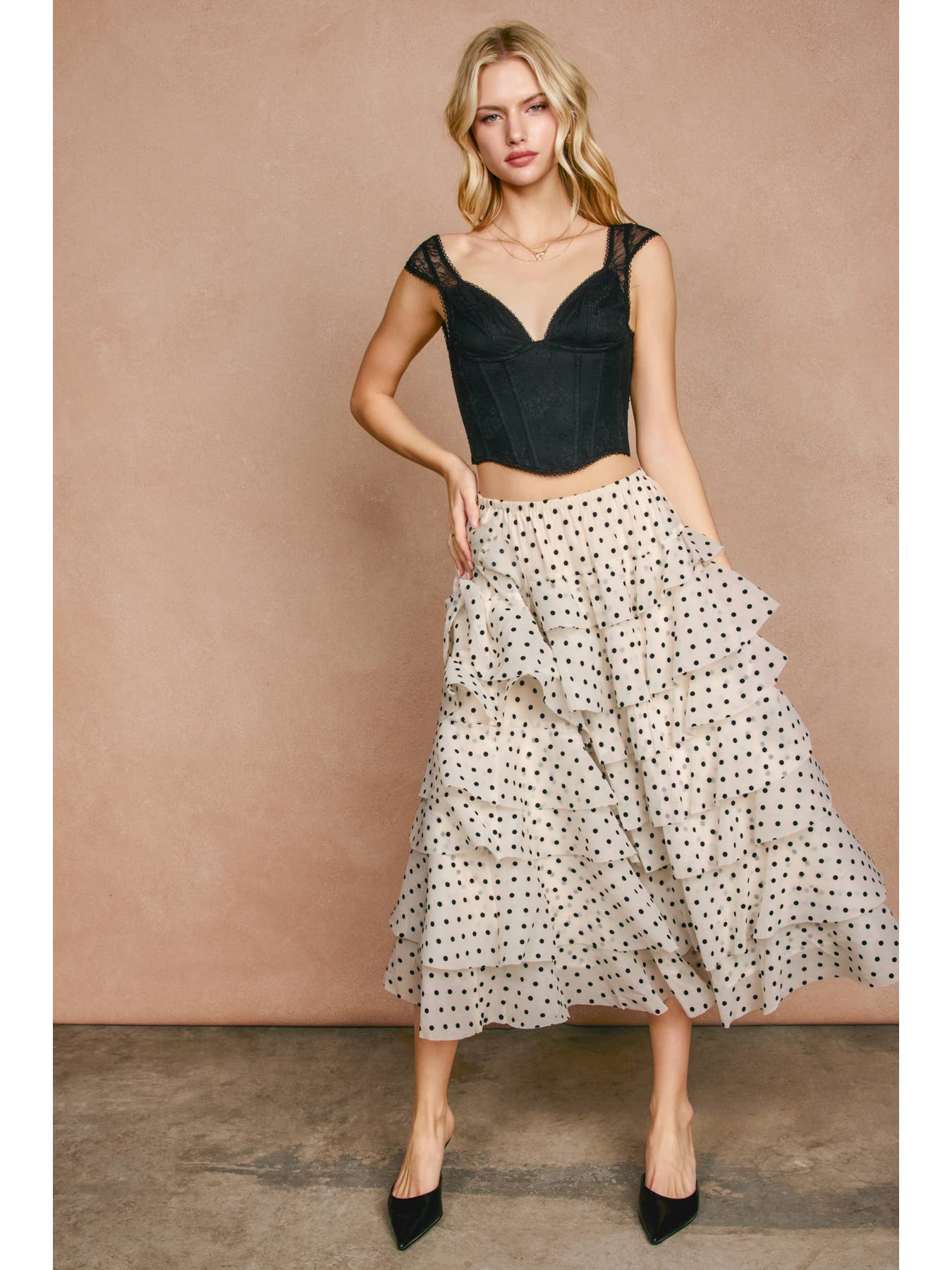 Sugar Dot Ruffle Tiered Midi Skirt