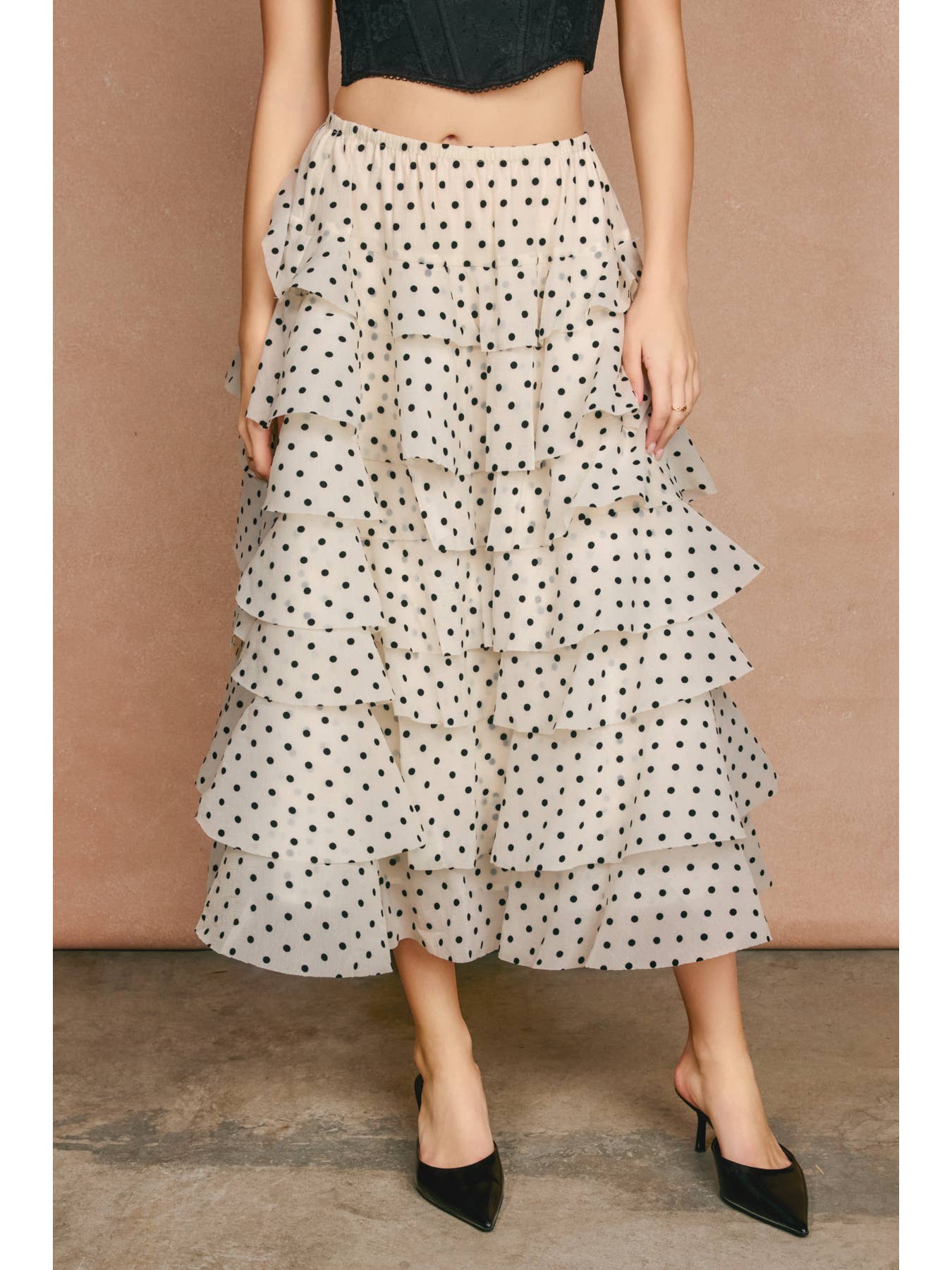 Sugar Dot Ruffle Tiered Midi Skirt