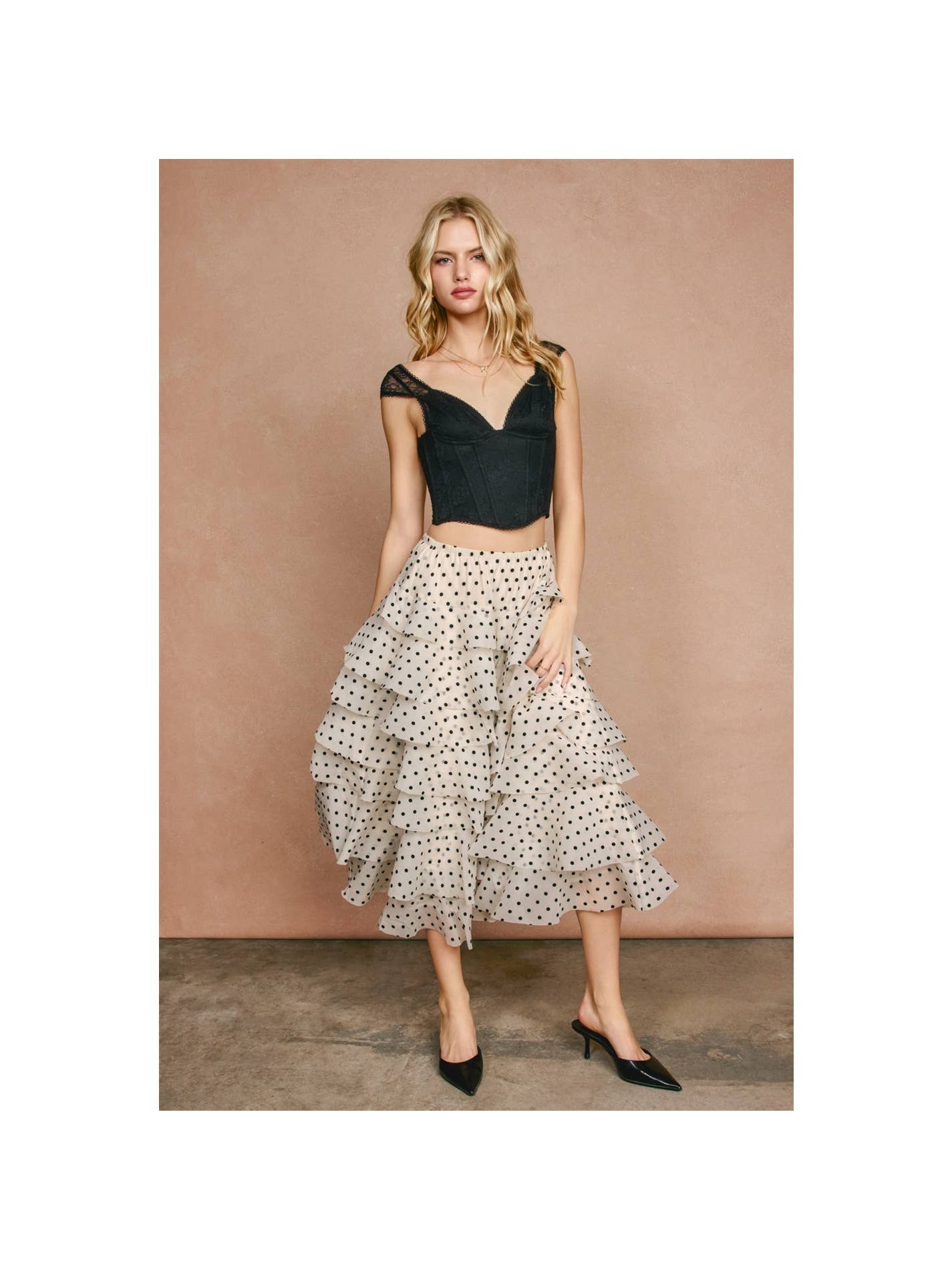 Sugar Dot Ruffle Tiered Midi Skirt