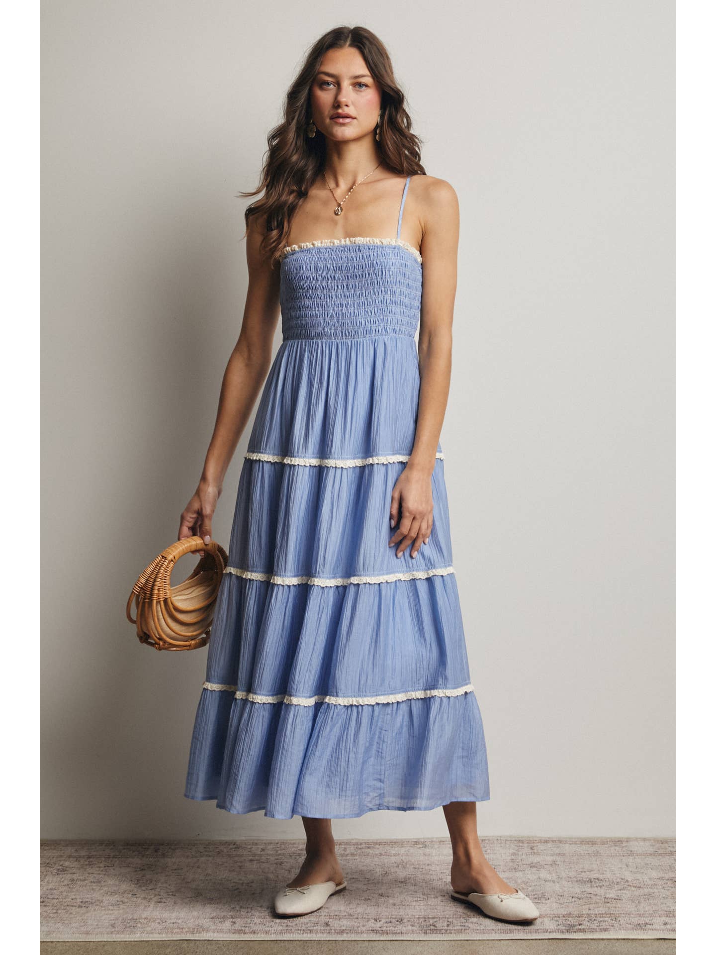 Smock Tier Lace Trim Maxi Dress