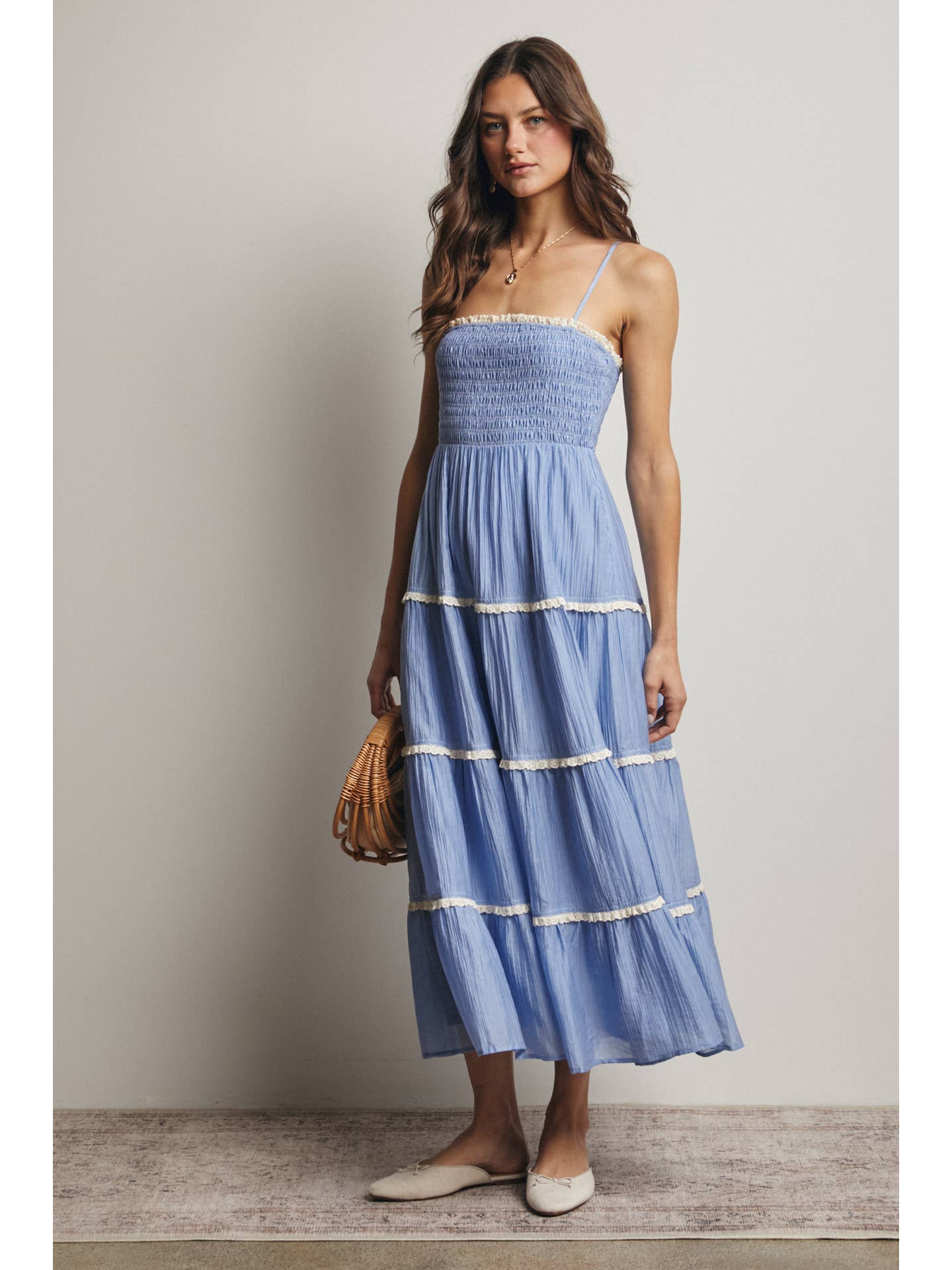Smock Tier Lace Trim Maxi Dress