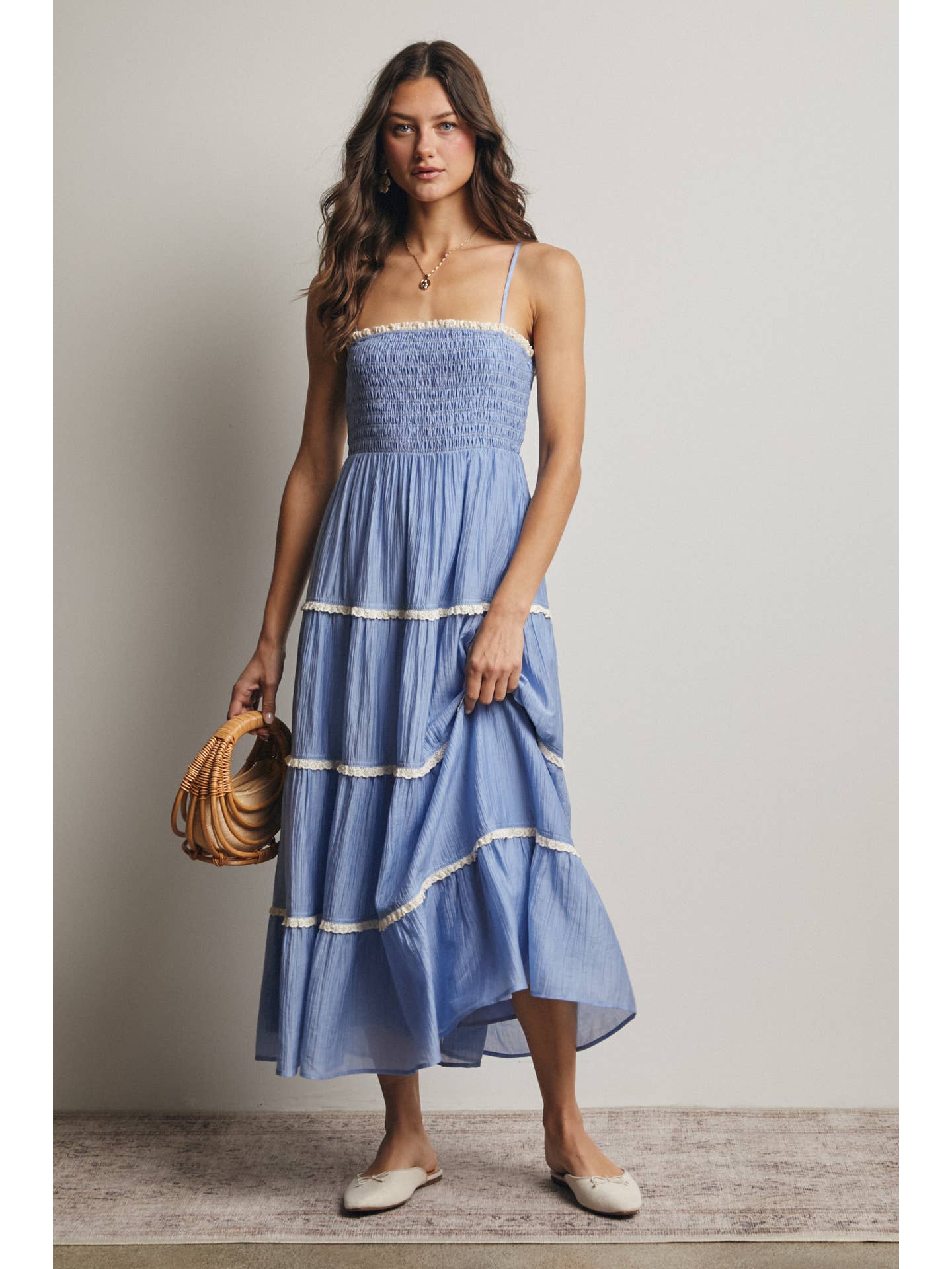 Smock Tier Lace Trim Maxi Dress