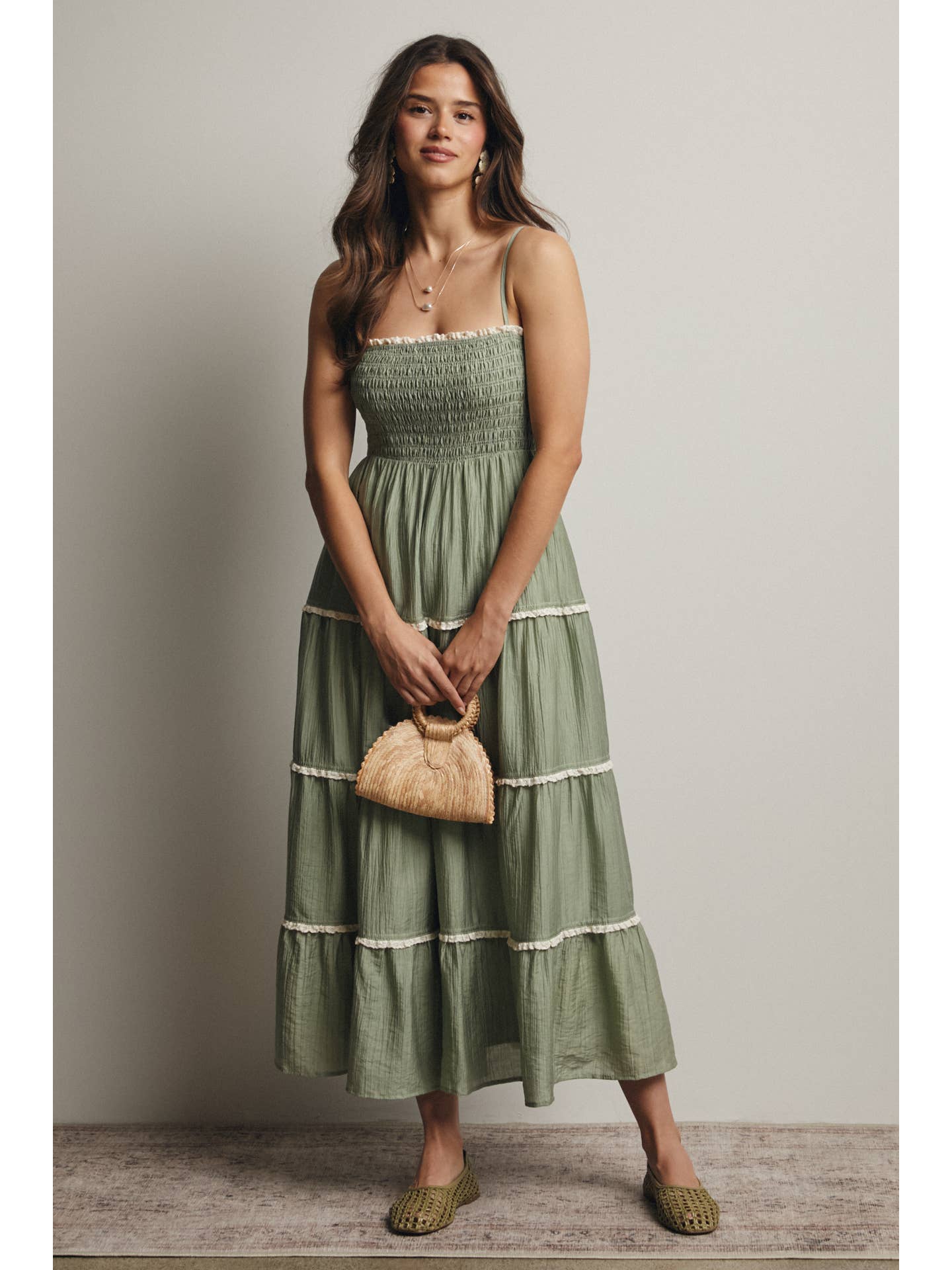 Smock Tier Lace Trim Maxi Dress
