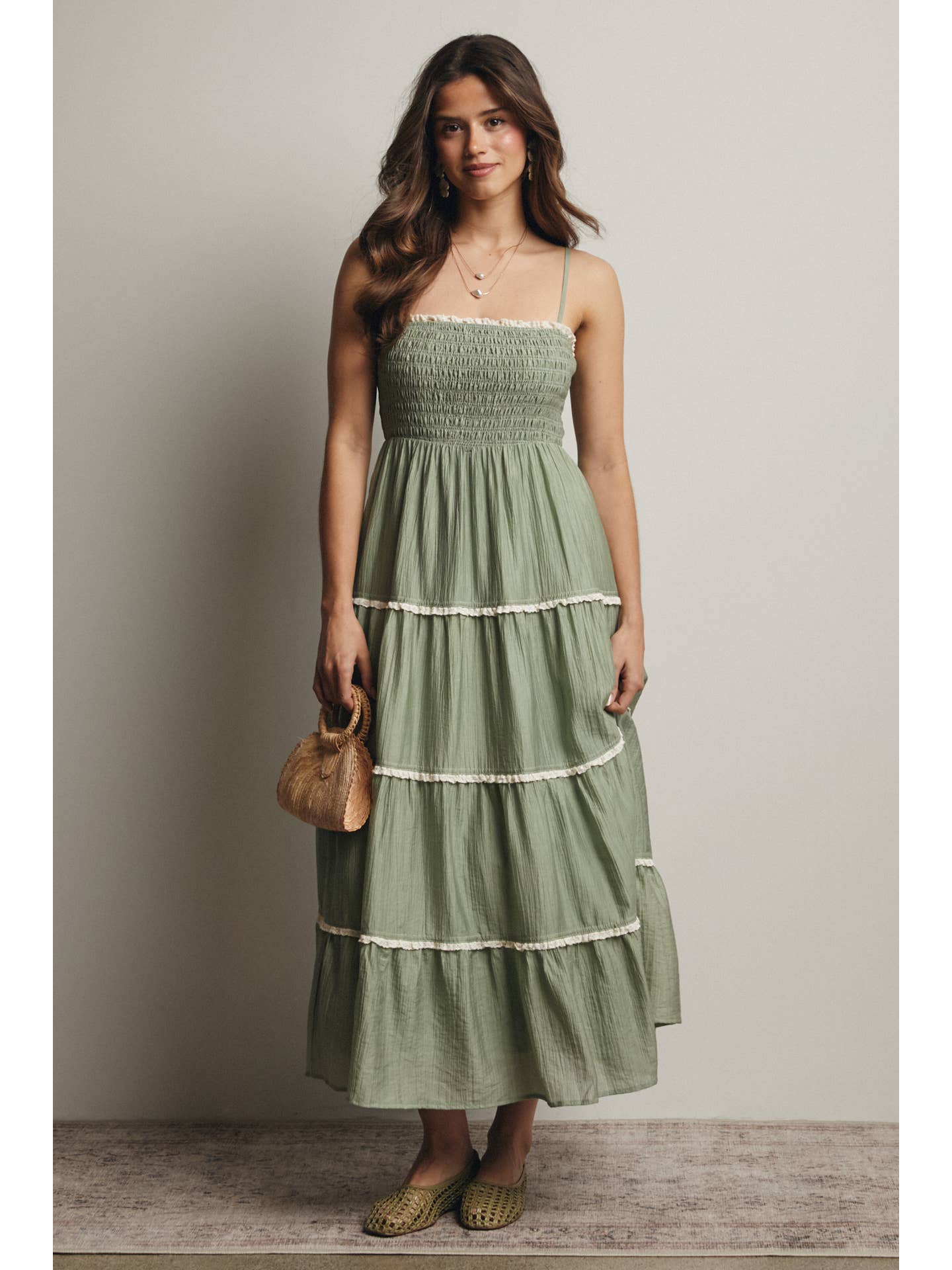 Smock Tier Lace Trim Maxi Dress