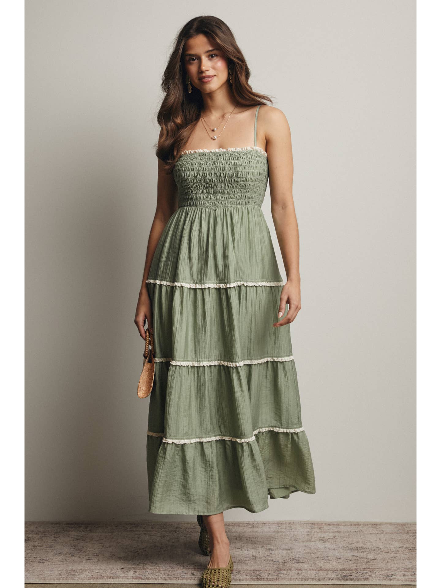 Smock Tier Lace Trim Maxi Dress
