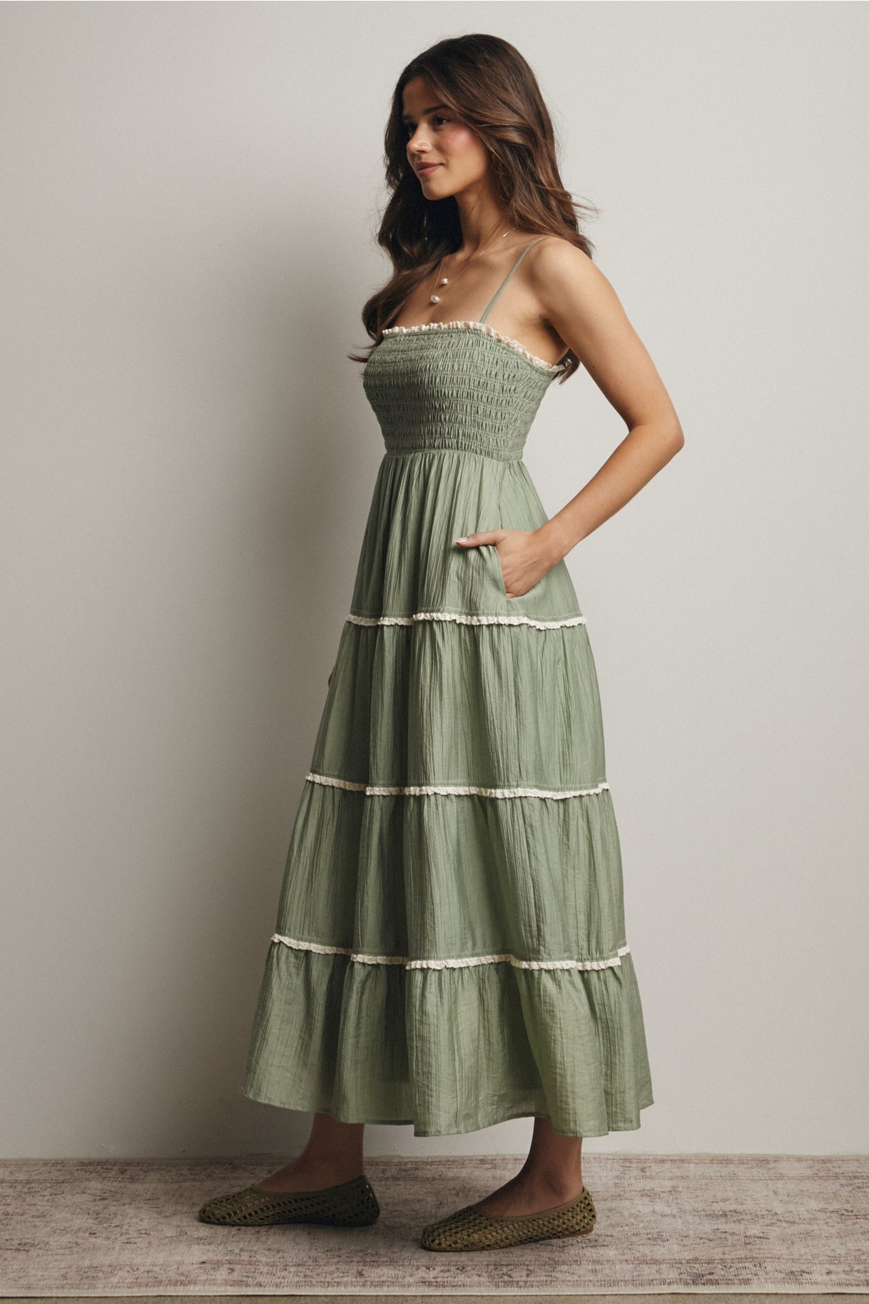 Smock Tier Lace Trim Maxi Dress
