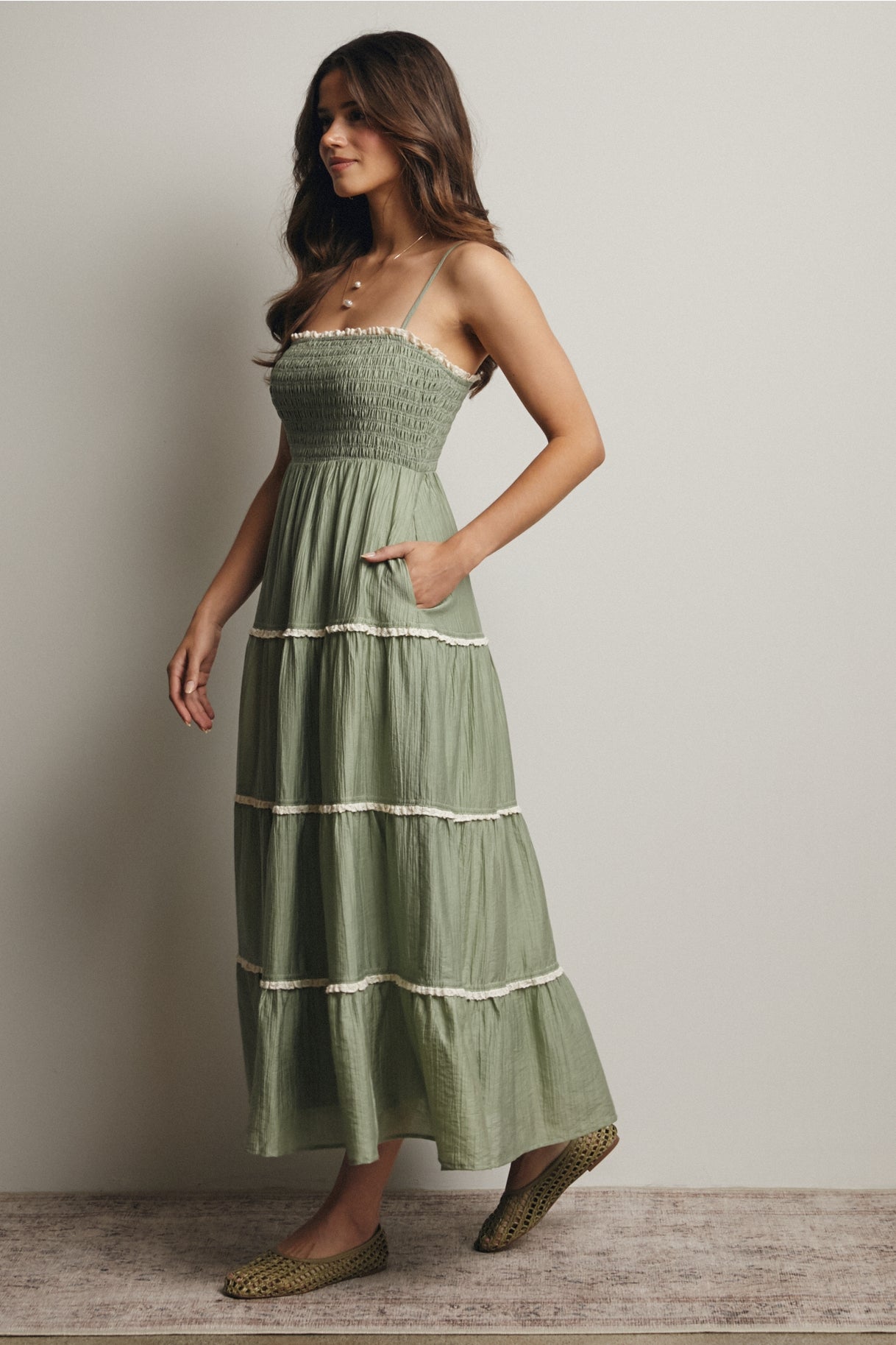 Smock Tier Lace Trim Maxi Dress