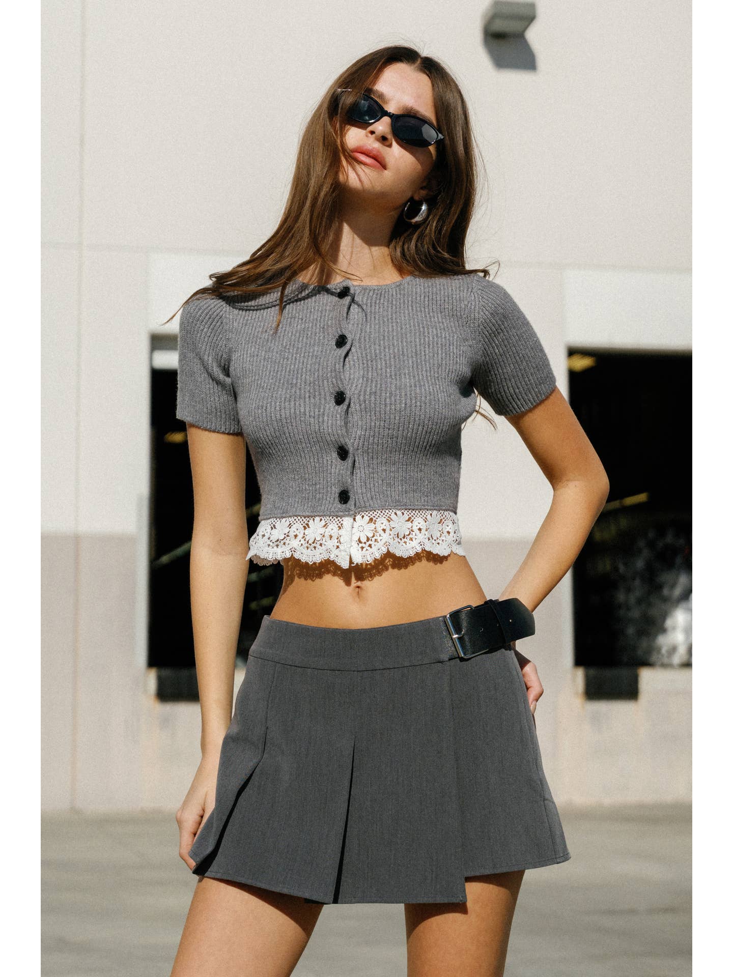 Grey Lace Hem Sweater Top