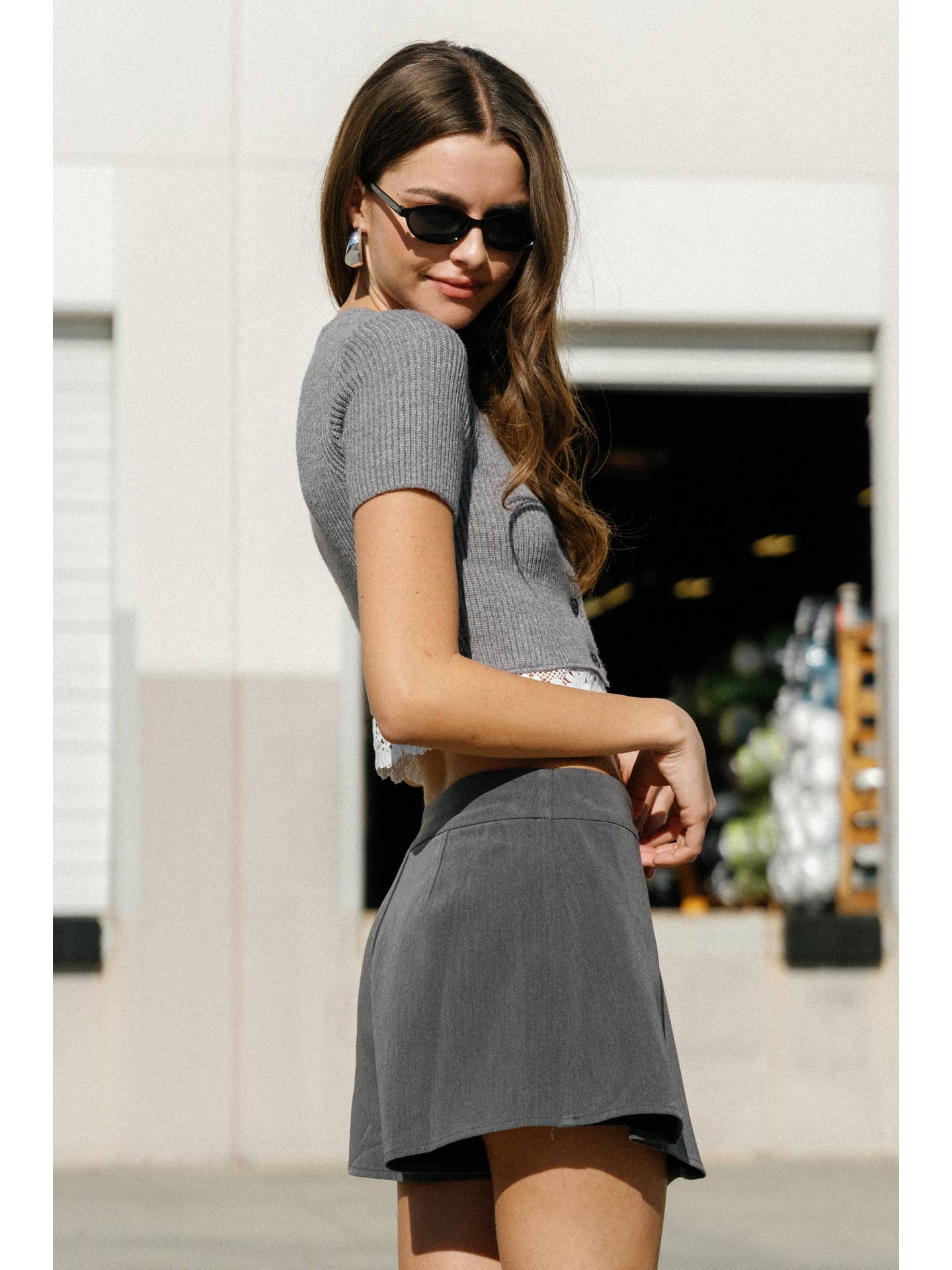Grey Lace Hem Sweater Top