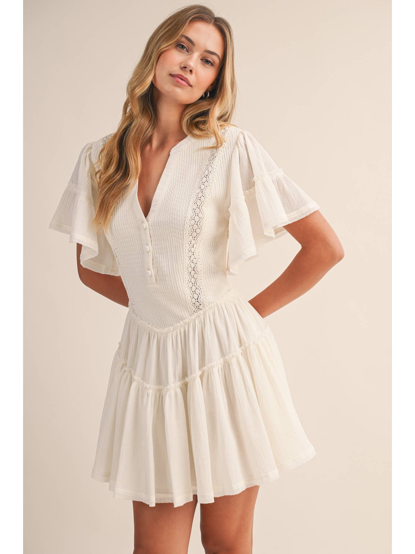 Cream Flutter Sleeve Button Mini Dress