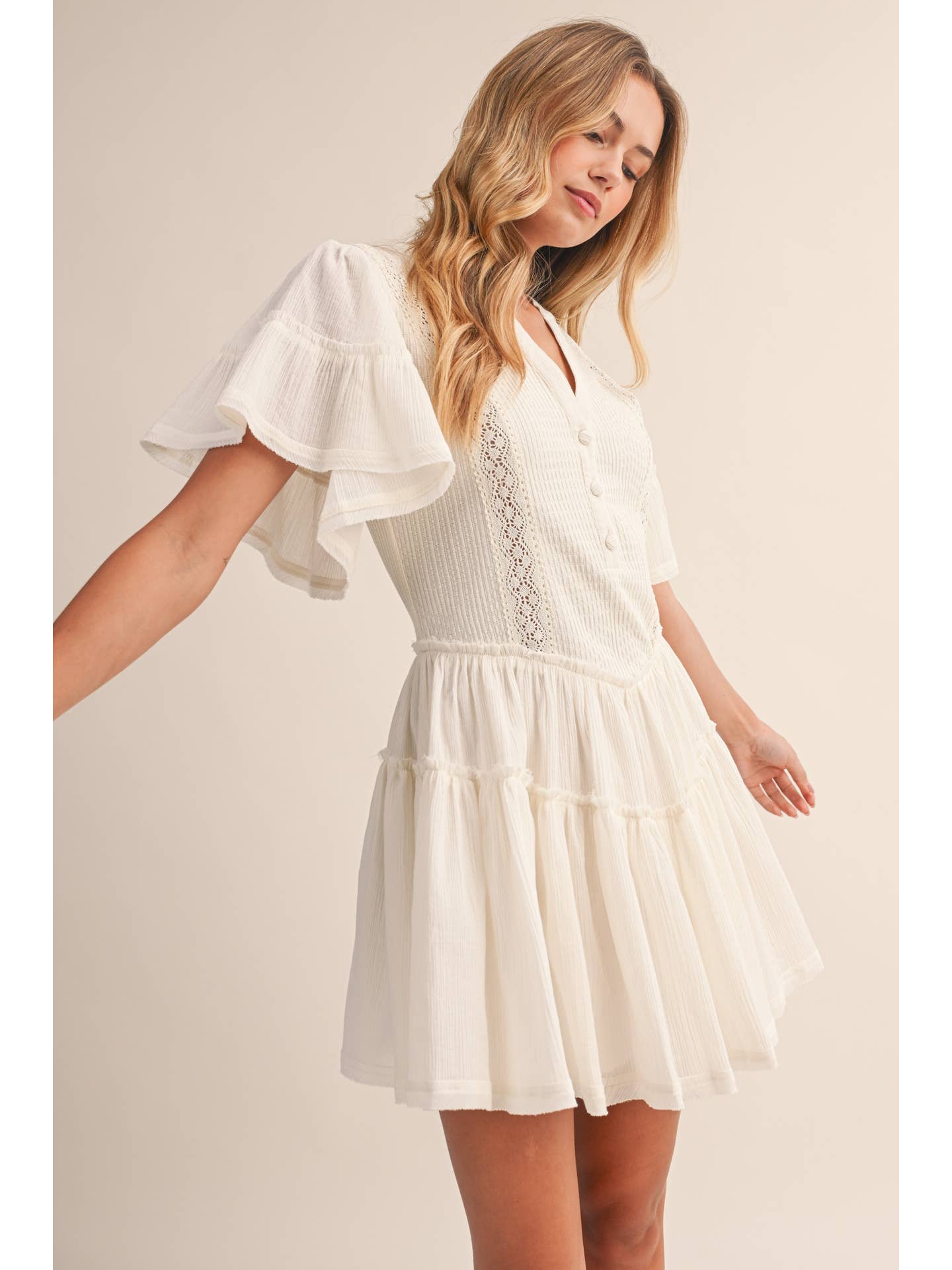 Cream Flutter Sleeve Button Mini Dress