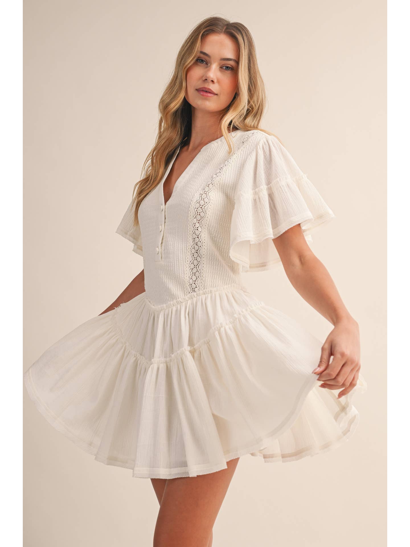 Cream Flutter Sleeve Button Mini Dress