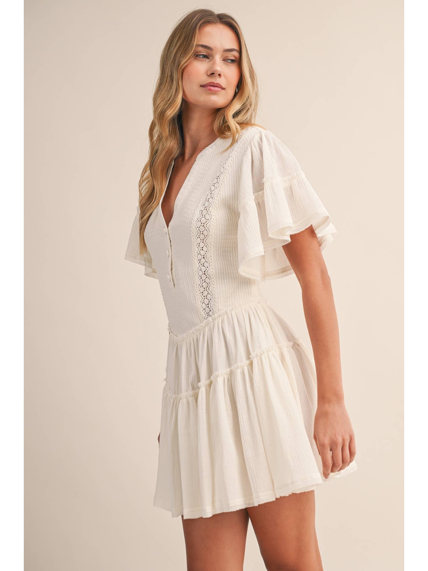Cream Flutter Sleeve Button Mini Dress