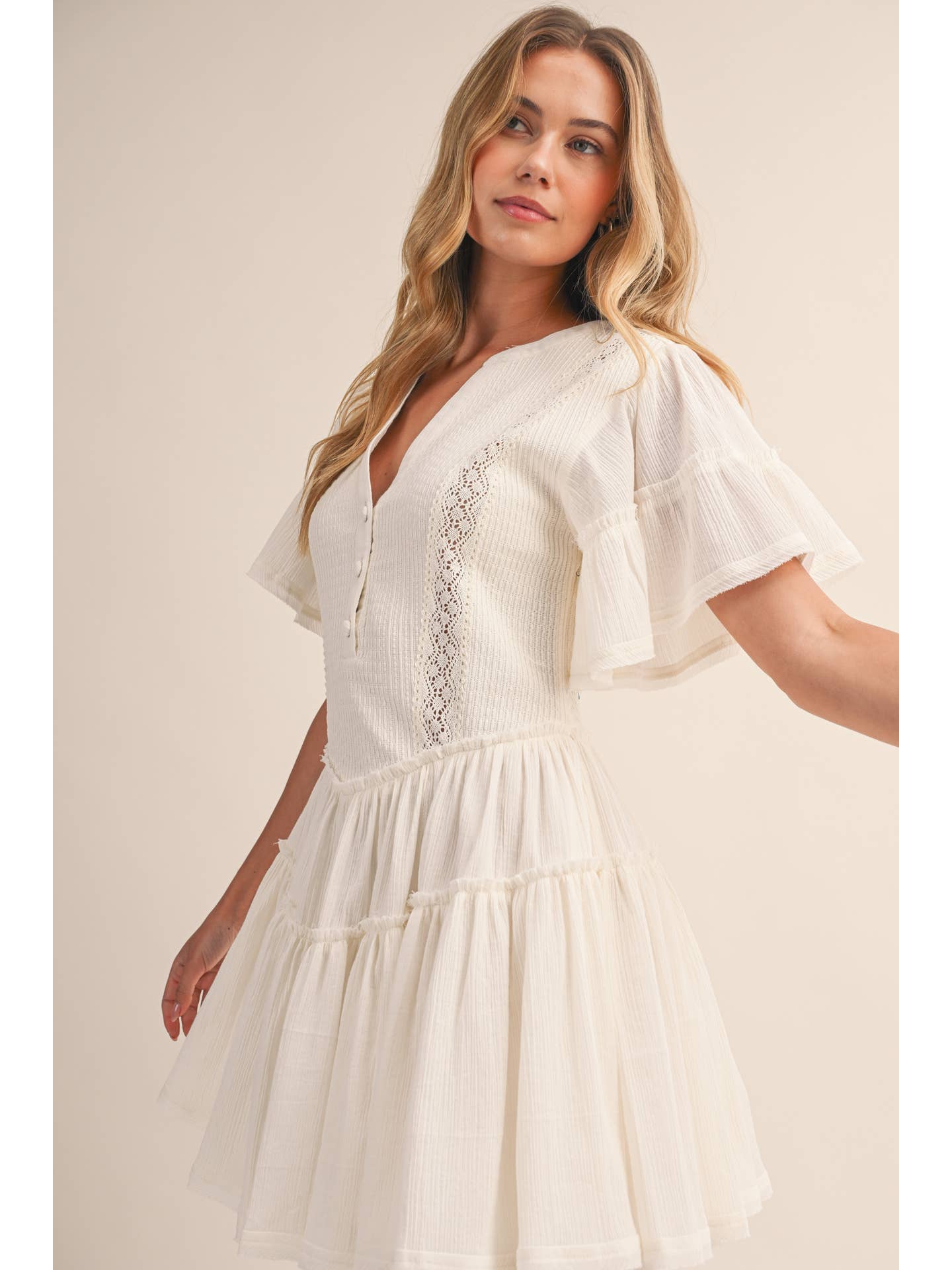Cream Flutter Sleeve Button Mini Dress