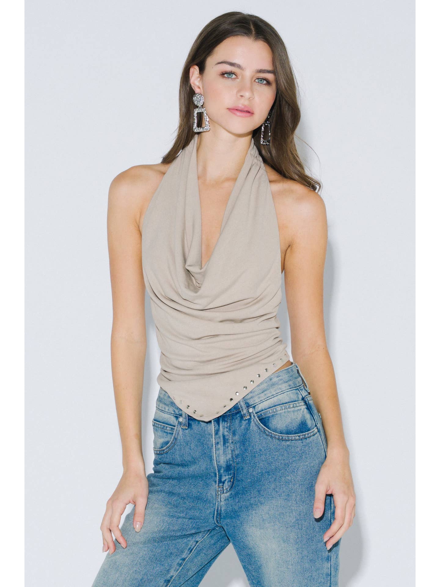 Cowl Neck Taupe Stud Top