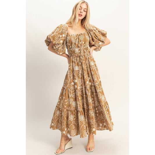 Contrast Stitch Puff Sleeve Maxi Dress