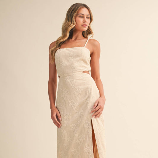 Neutral Embroidered Rope Strap Midi Dress