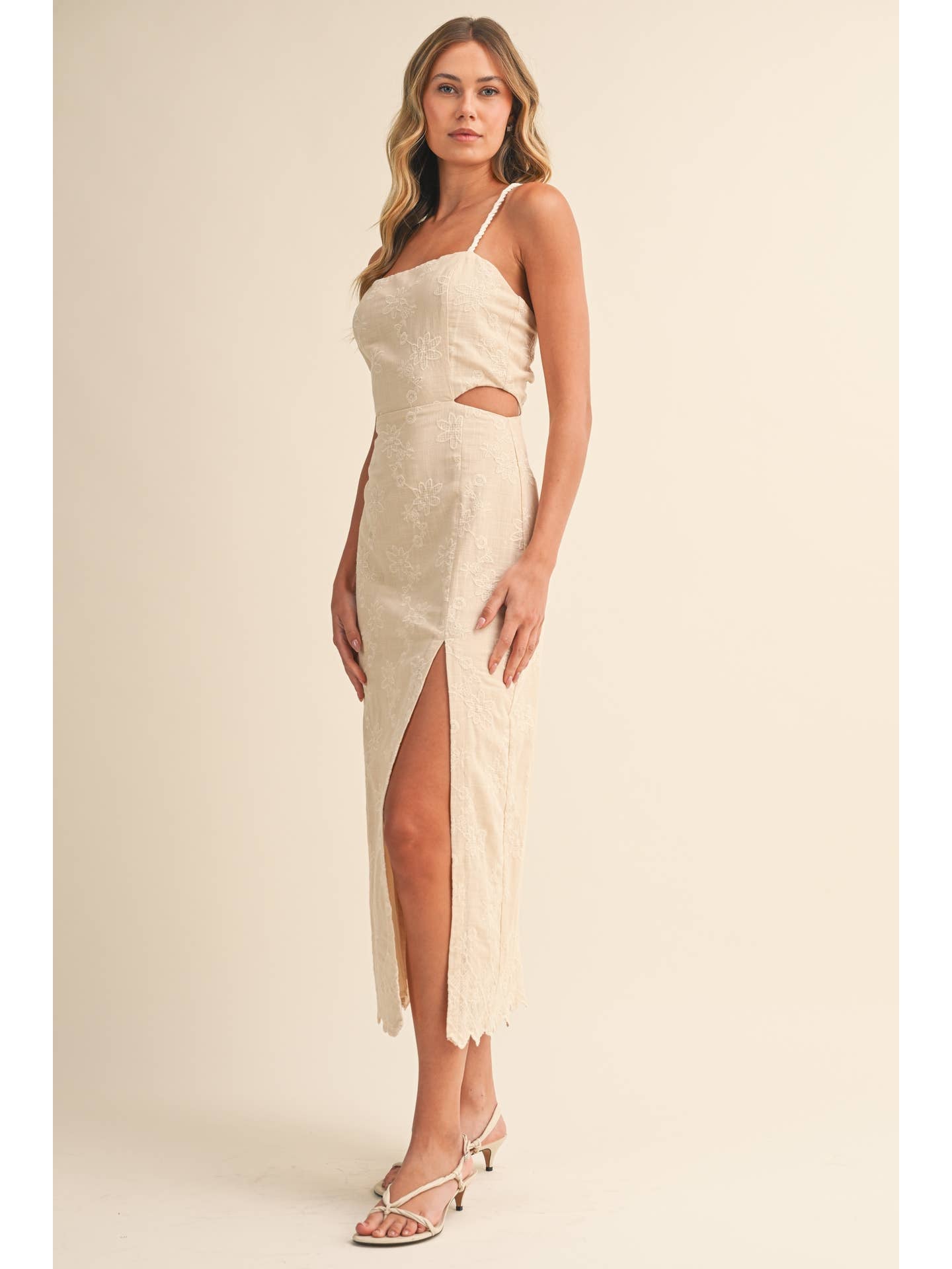 Neutral Embroidered Rope Strap Midi Dress