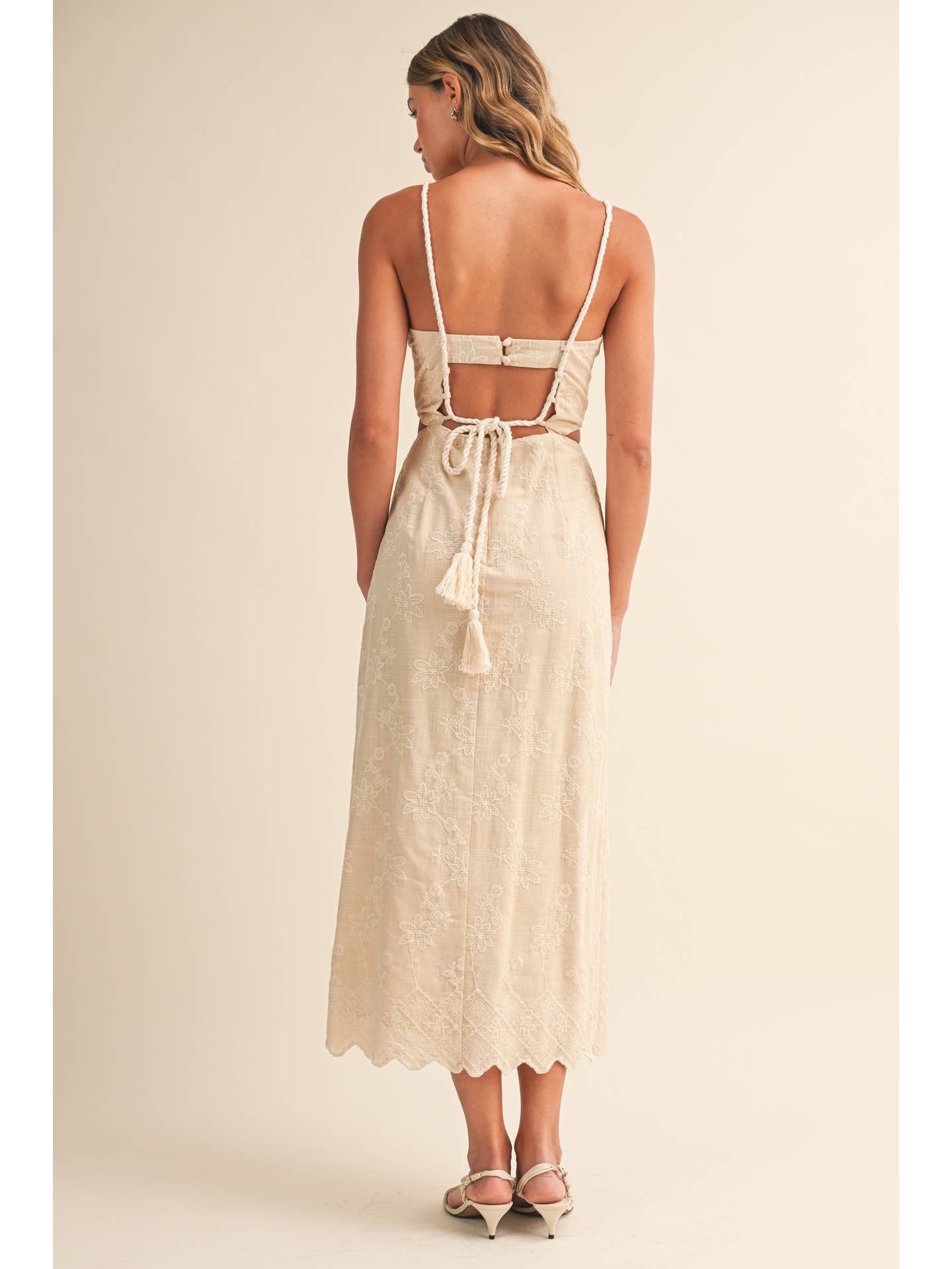 Neutral Embroidered Rope Strap Midi Dress
