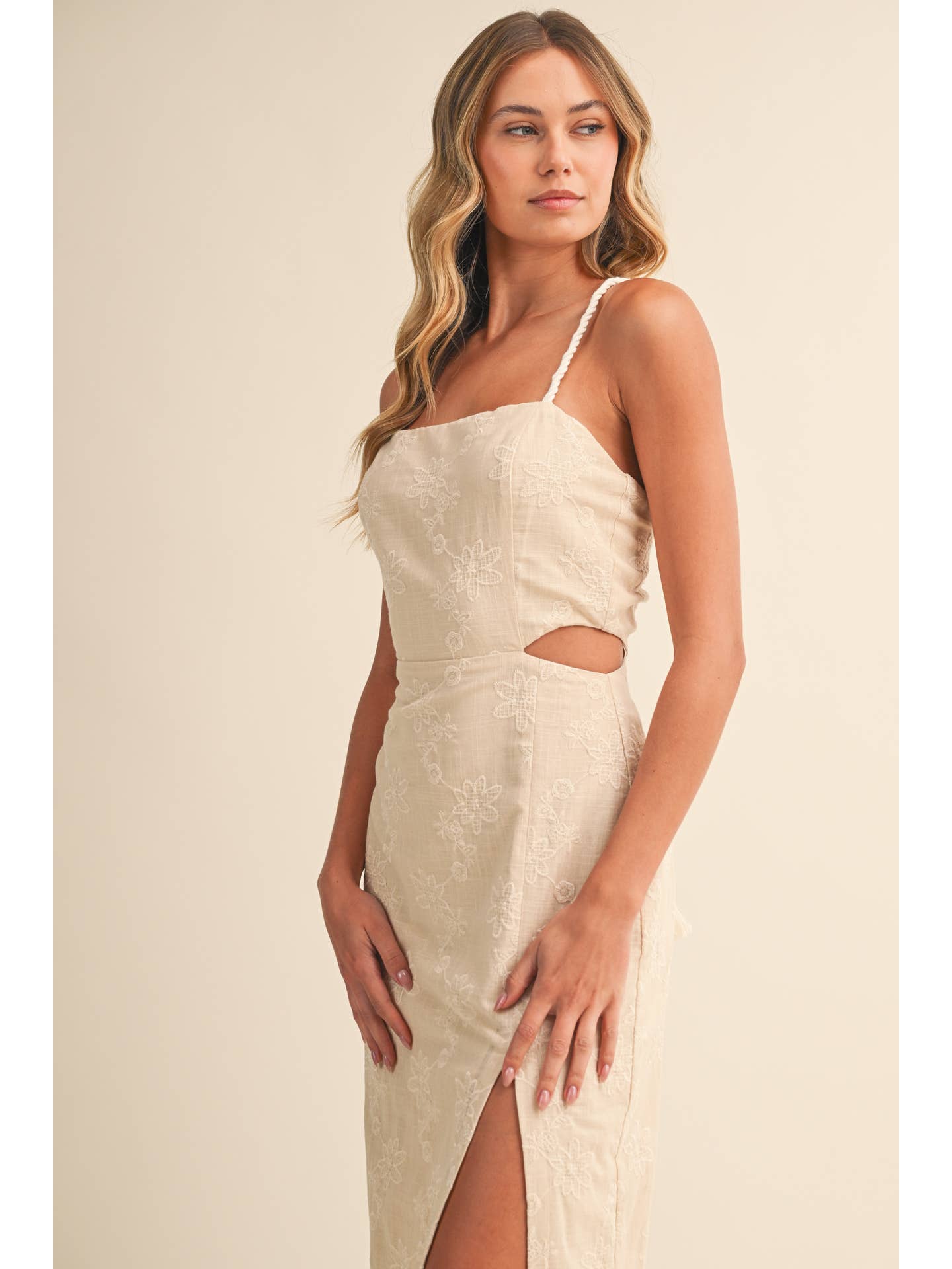 Neutral Embroidered Rope Strap Midi Dress
