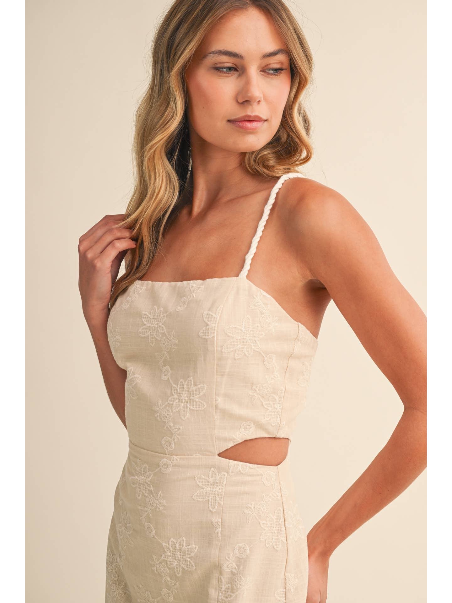 Neutral Embroidered Rope Strap Midi Dress