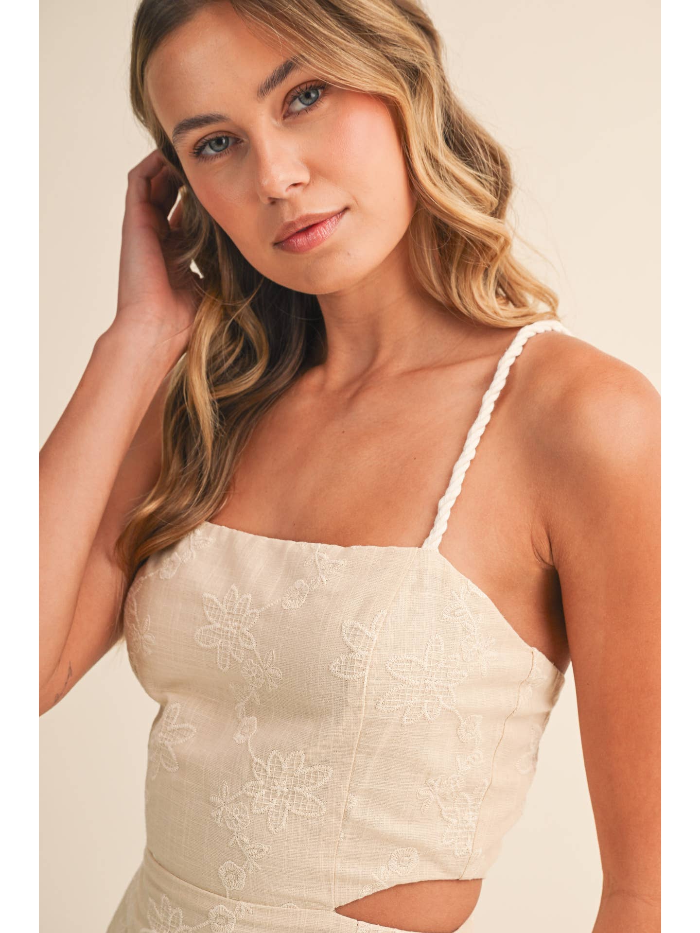 Neutral Embroidered Rope Strap Midi Dress