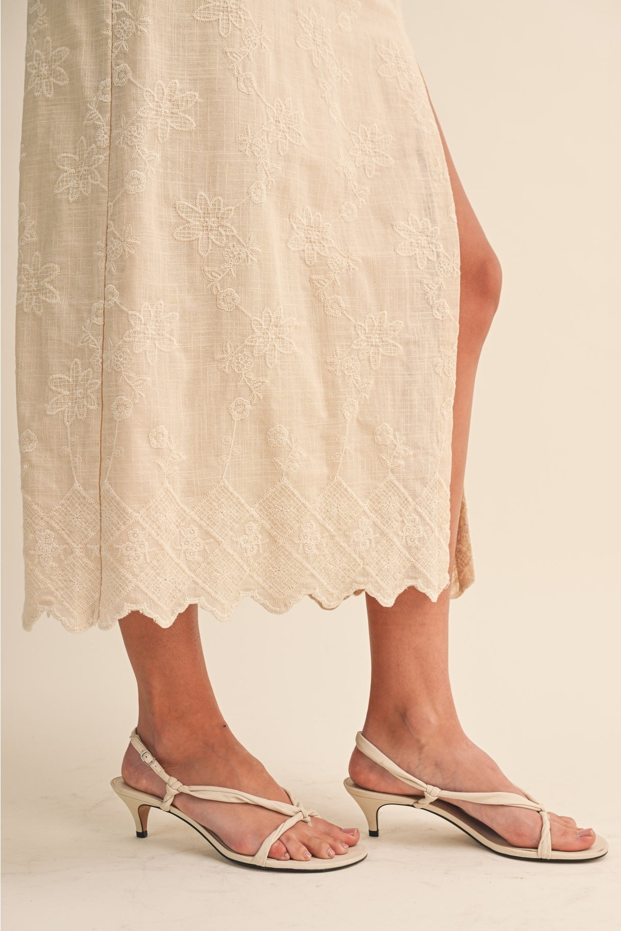 Neutral Embroidered Rope Strap Midi Dress