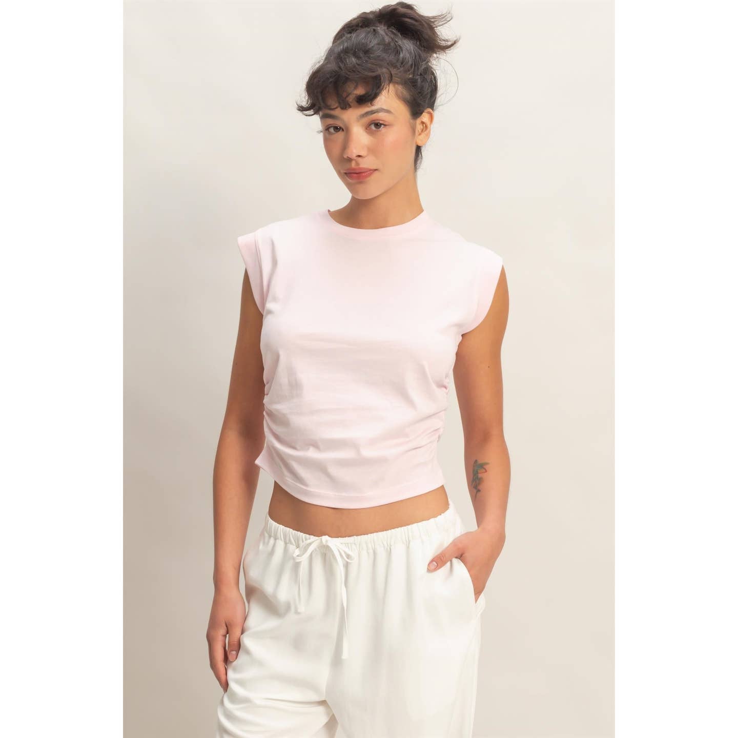 Ruched Waist Sleeveless Cotton Top