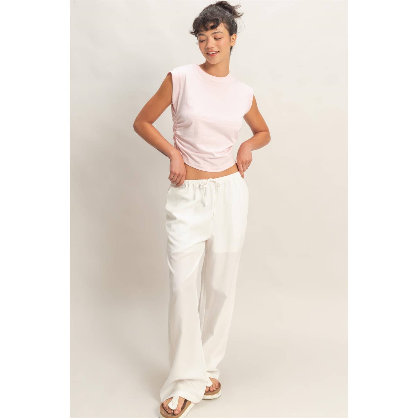 Ruched Waist Sleeveless Cotton Top