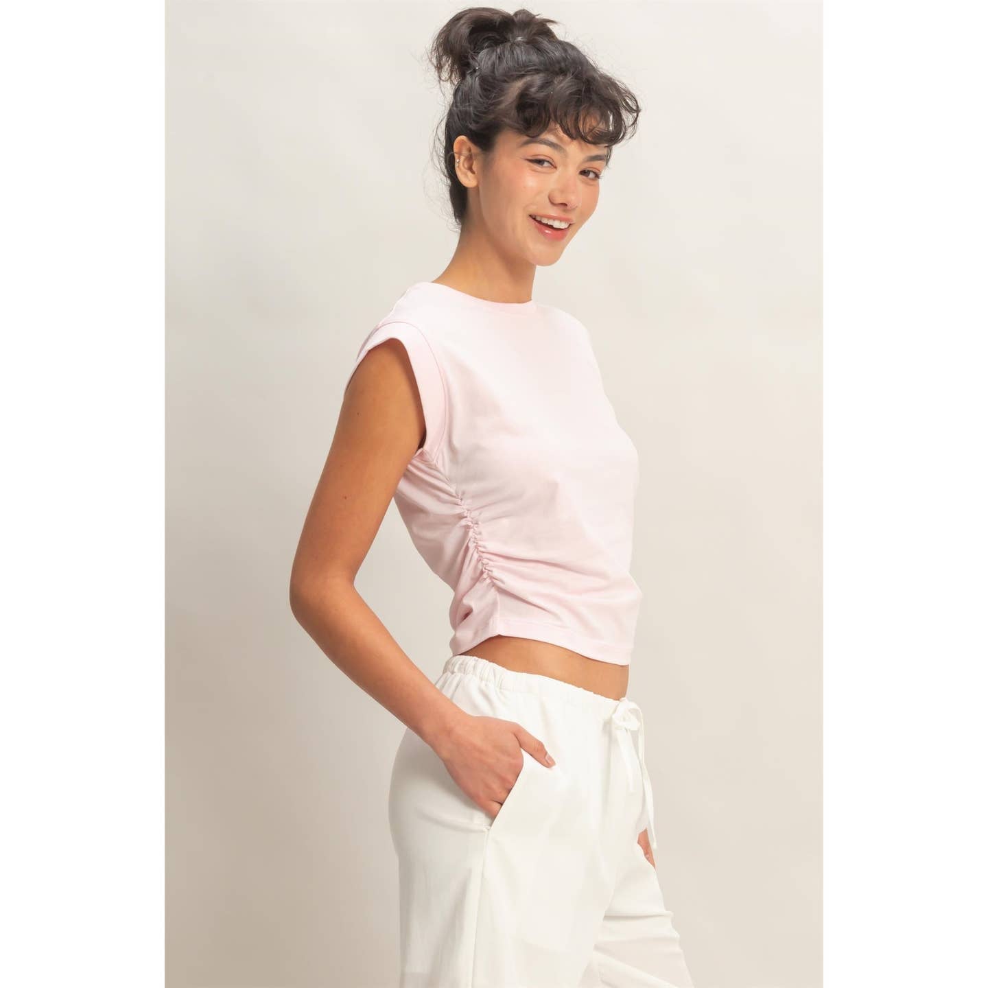 Ruched Waist Sleeveless Cotton Top