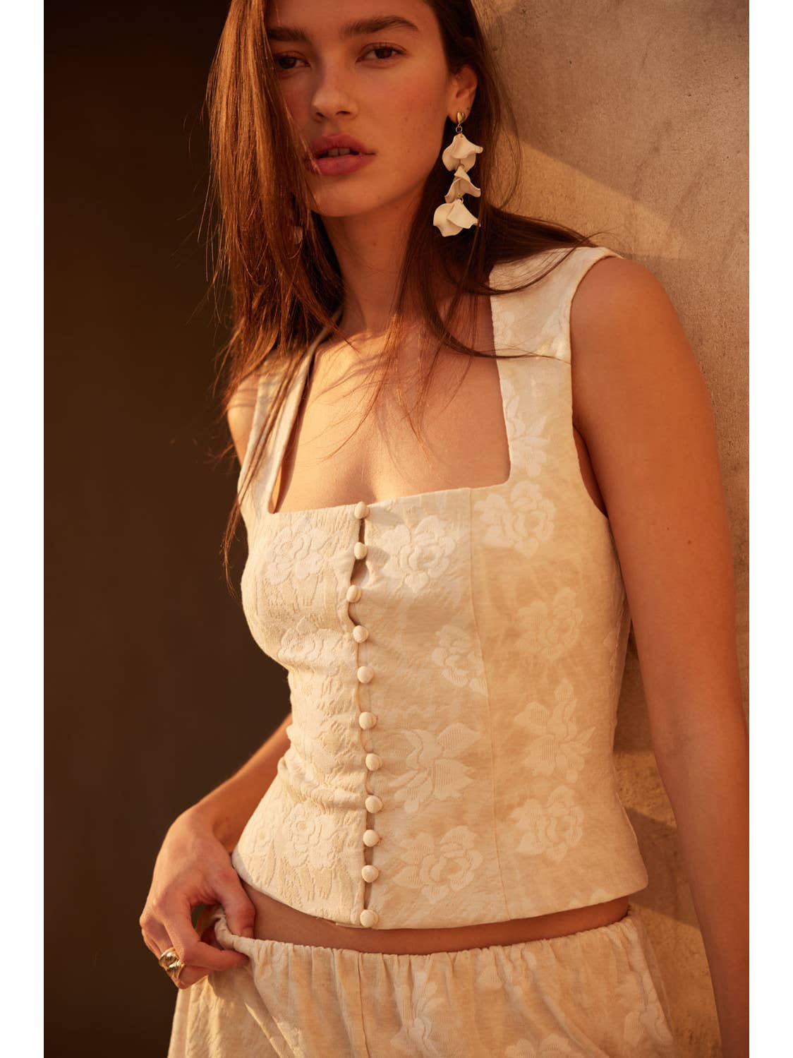 Floral Jacquard Button Corset Top