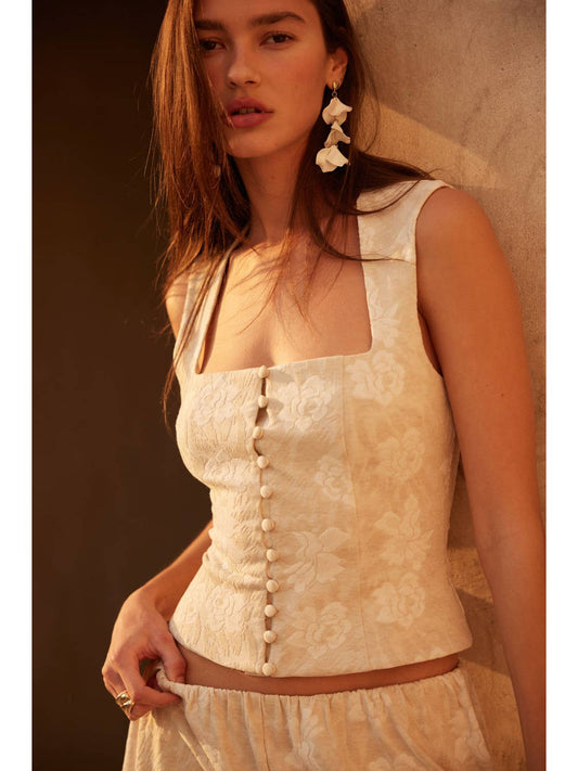 Floral Jacquard Button Corset Top