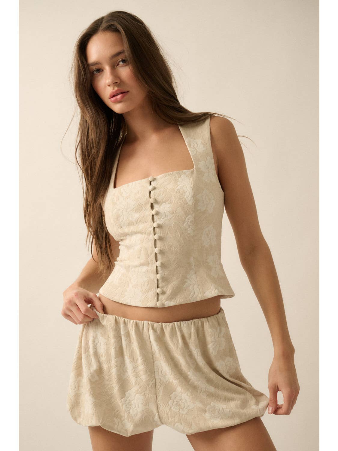 Floral Jacquard Button Corset Top